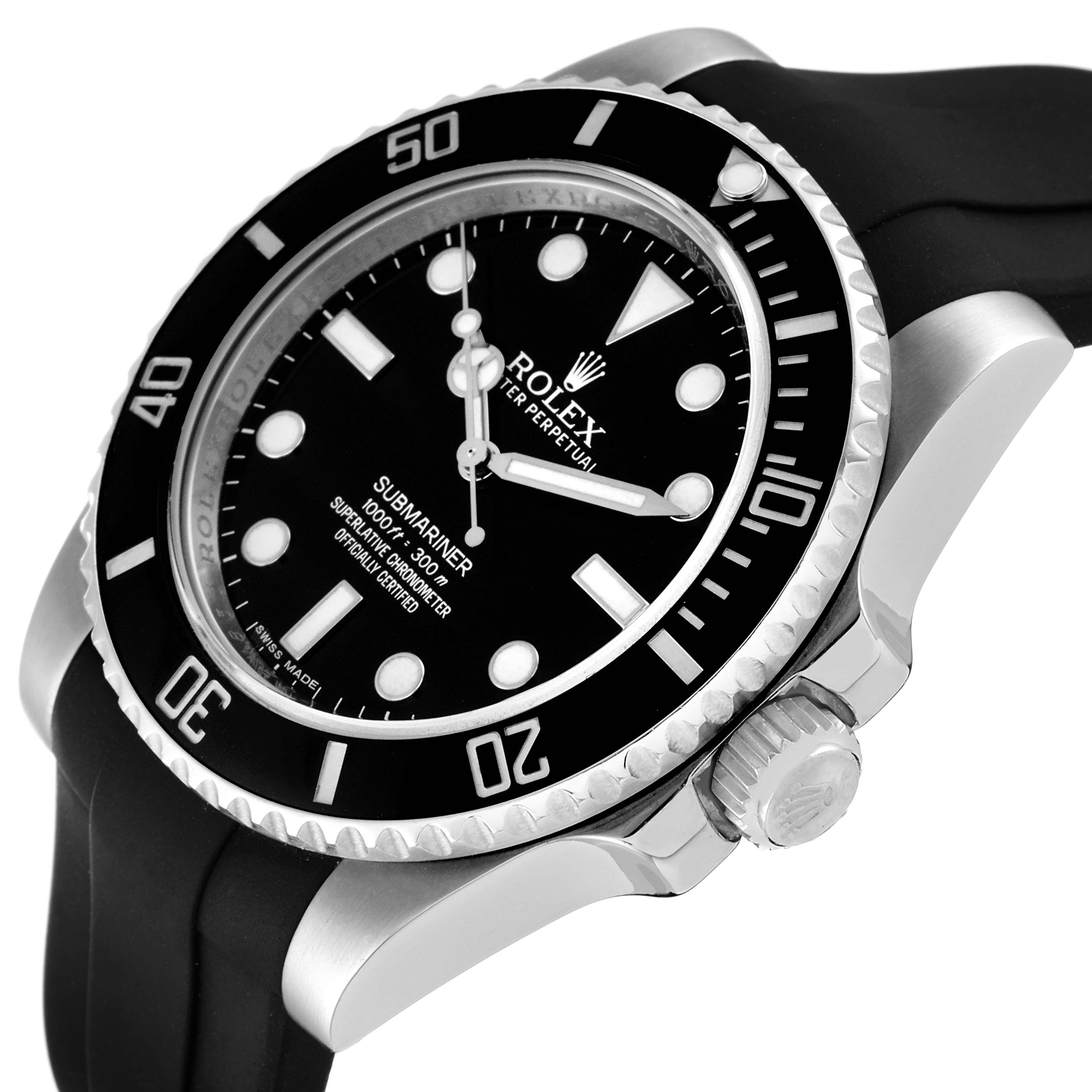 The Rolex Submariner 114060 Men
s Stainless Steel Black Dial 114060 Men
s Stainless Steel Black Dial watch is shown at an angle highlighting its black dial, bezel, crown, and a black rubber strap.