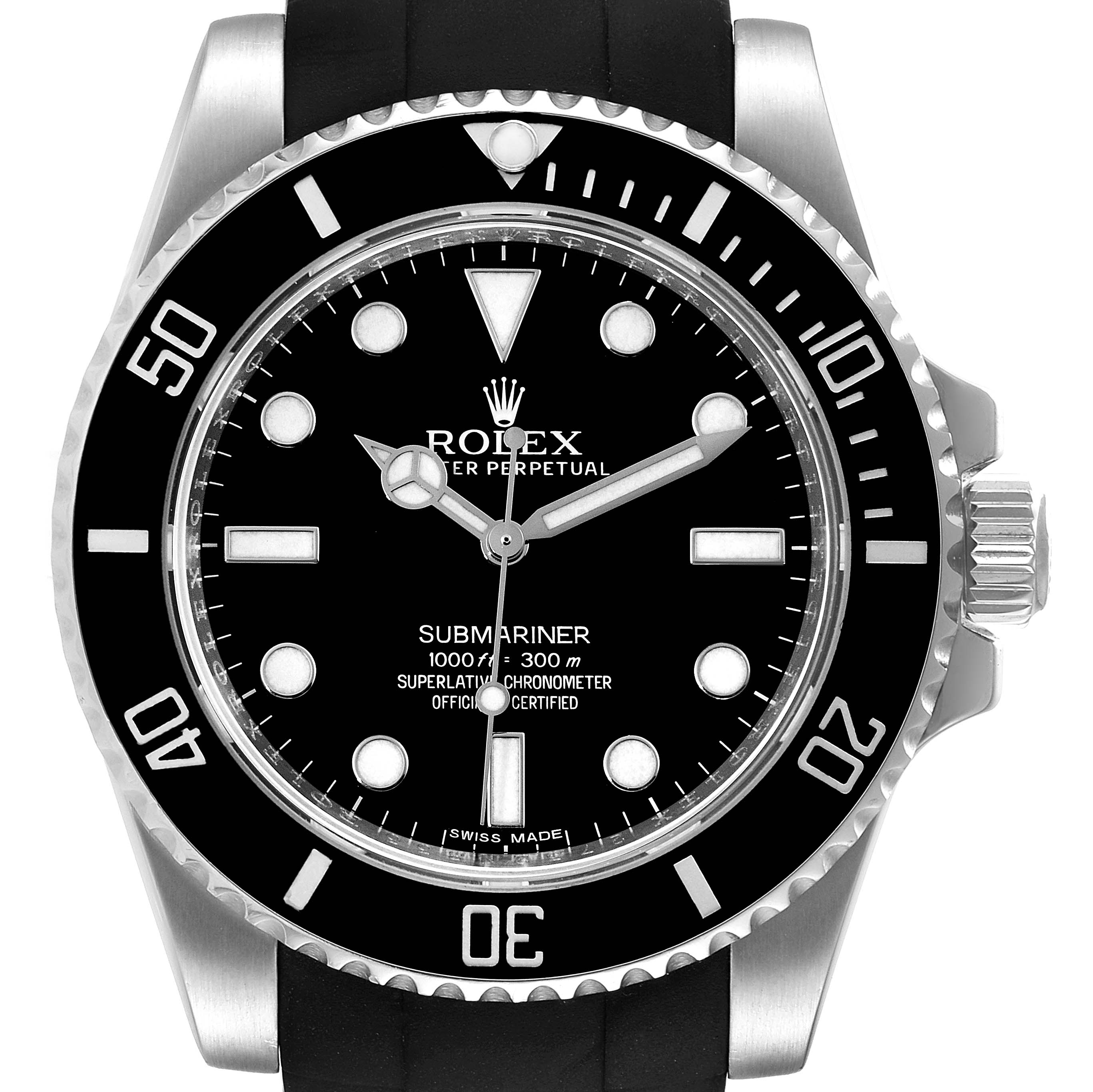 This image shows a front view of the Rolex Submariner 114060 Men
s Stainless Steel Black Dial 114060 Men
s Stainless Steel Black Dial model watch, highlighting its black dial, rotating bezel, and crown.