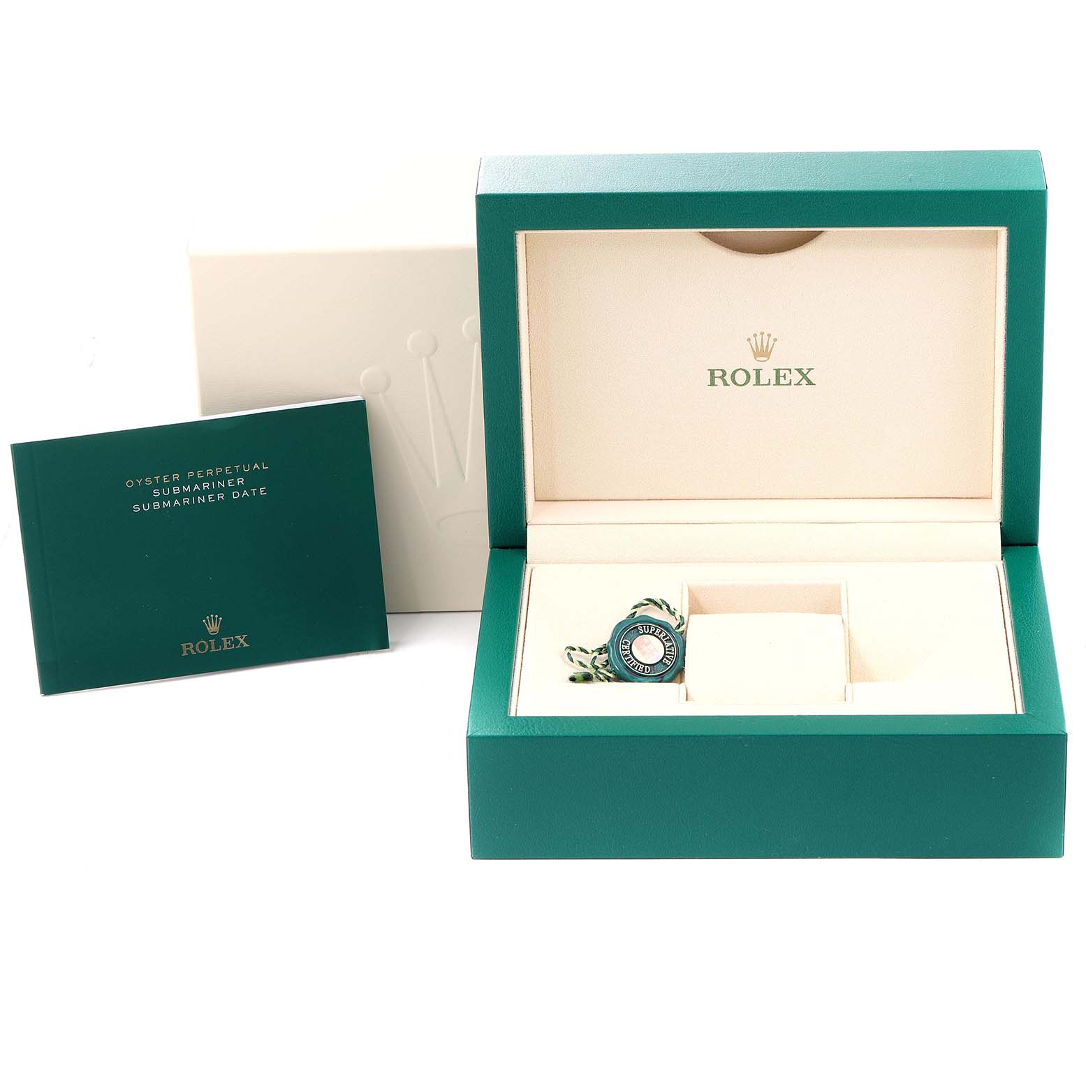 The image shows the open box and booklet for a Rolex Submariner 114060 Men
s Stainless Steel Black Dial 114060 Men
s Stainless Steel Black Dial watch, viewed from the front.