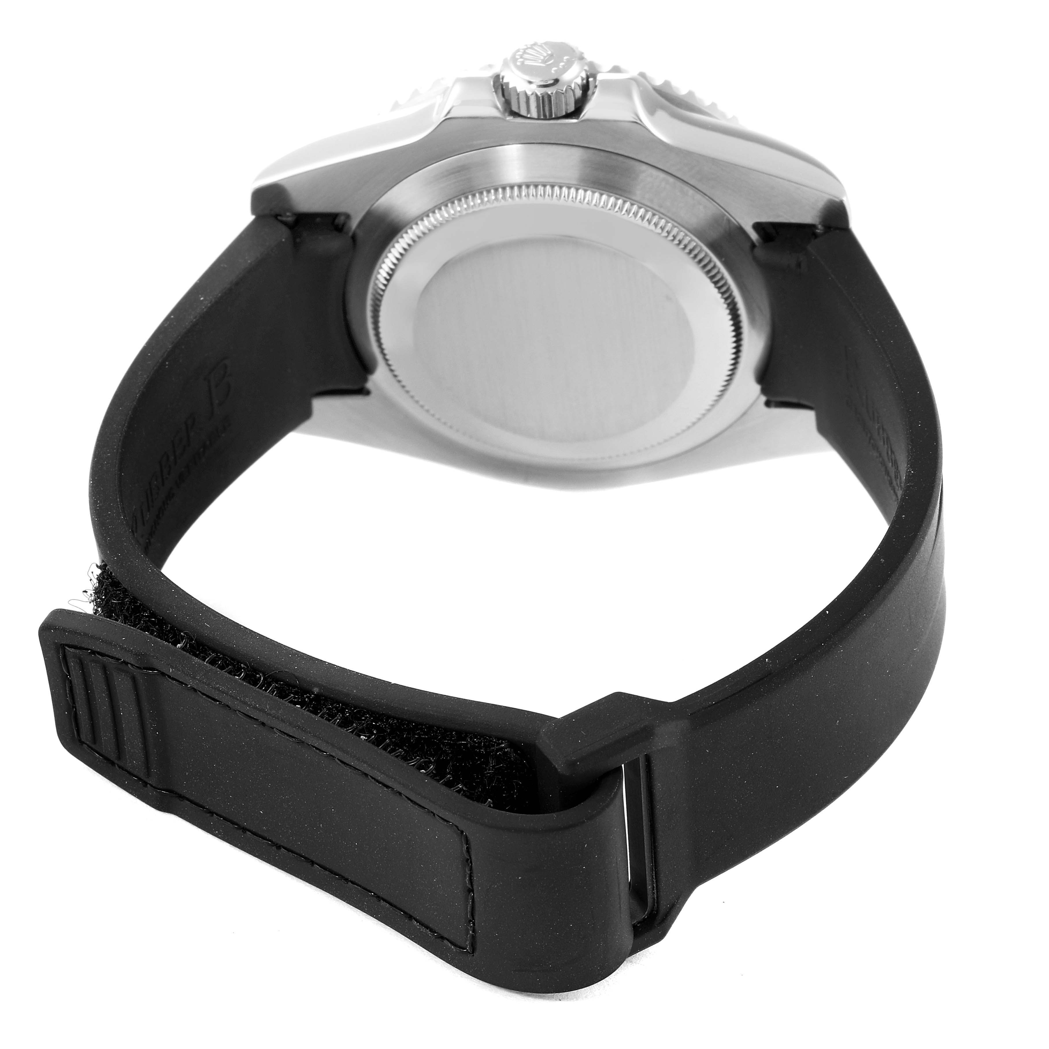 This image shows the back view of a Rolex Submariner 114060 Men
s Stainless Steel Black Dial 114060 Men
s Stainless Steel Black Dial, highlighting its case back, crown, and black rubber strap.