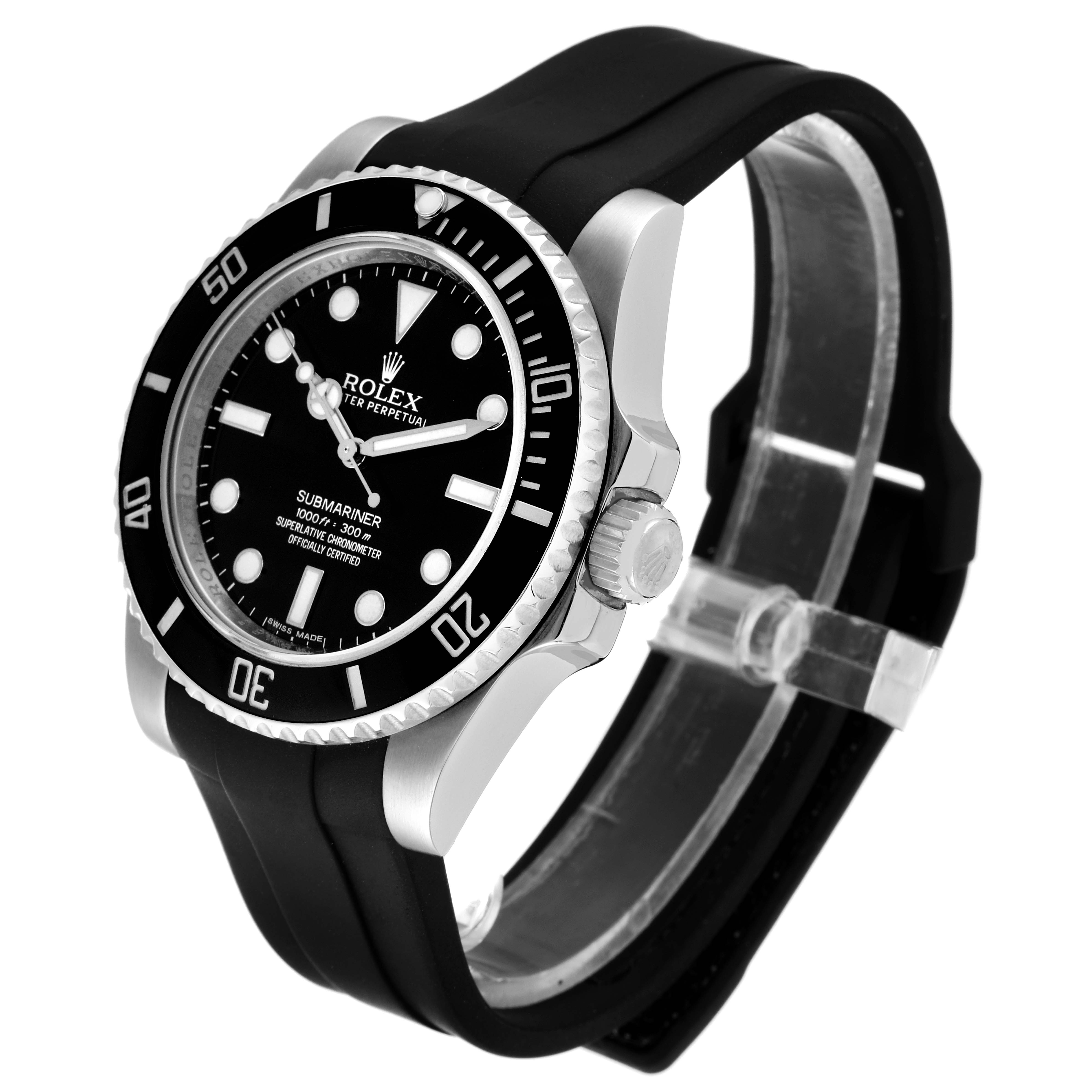 This image shows a side angle of the Rolex Submariner 114060 Men
s Stainless Steel Black Dial 114060 Men
s Stainless Steel Black Dial, highlighting the watch face, bezel, crown, and rubber strap.