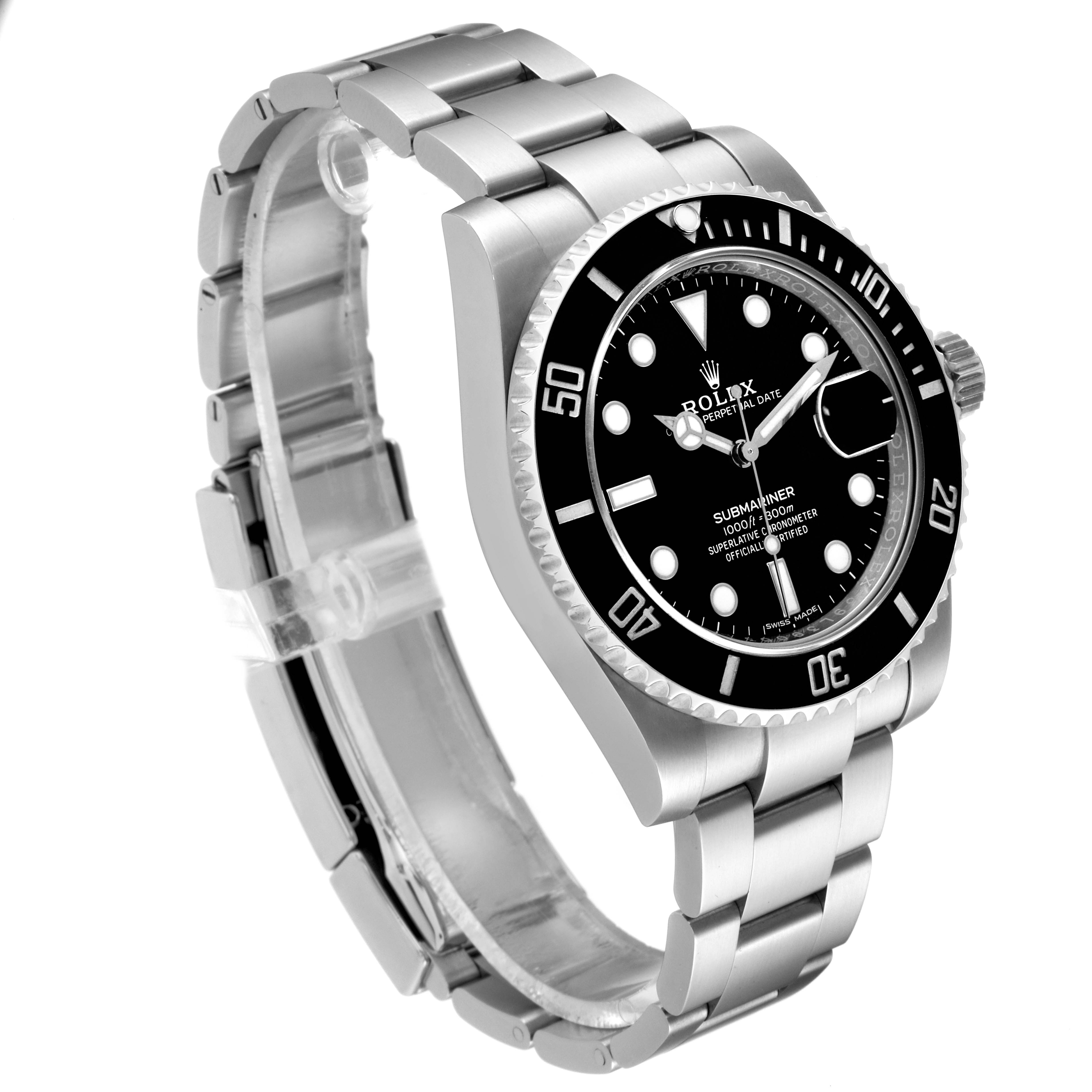 The Rolex Submariner 116610 Men
s Stainless Steel Black Dial 116610 Men
s Stainless Steel Black Dial watch is shown at an angle highlighting the bracelet, bezel, dial, and crown.