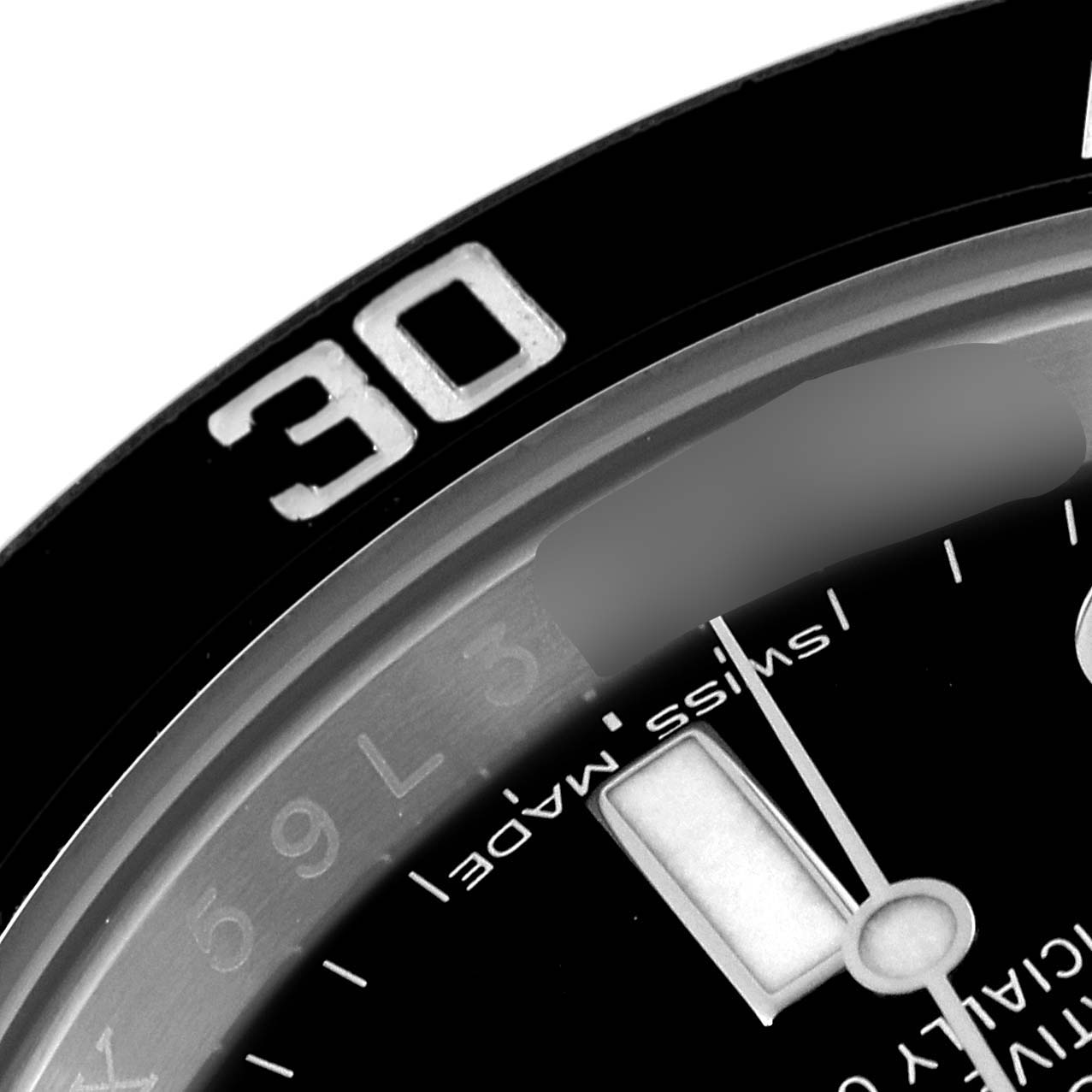 The image shows a close-up of the bezel and partial dial of the Rolex Submariner 116610 Men
s Stainless Steel Black Dial 116610 Men
s Stainless Steel Black Dial watch, highlighting the "30" marker and "Swiss Made" text.