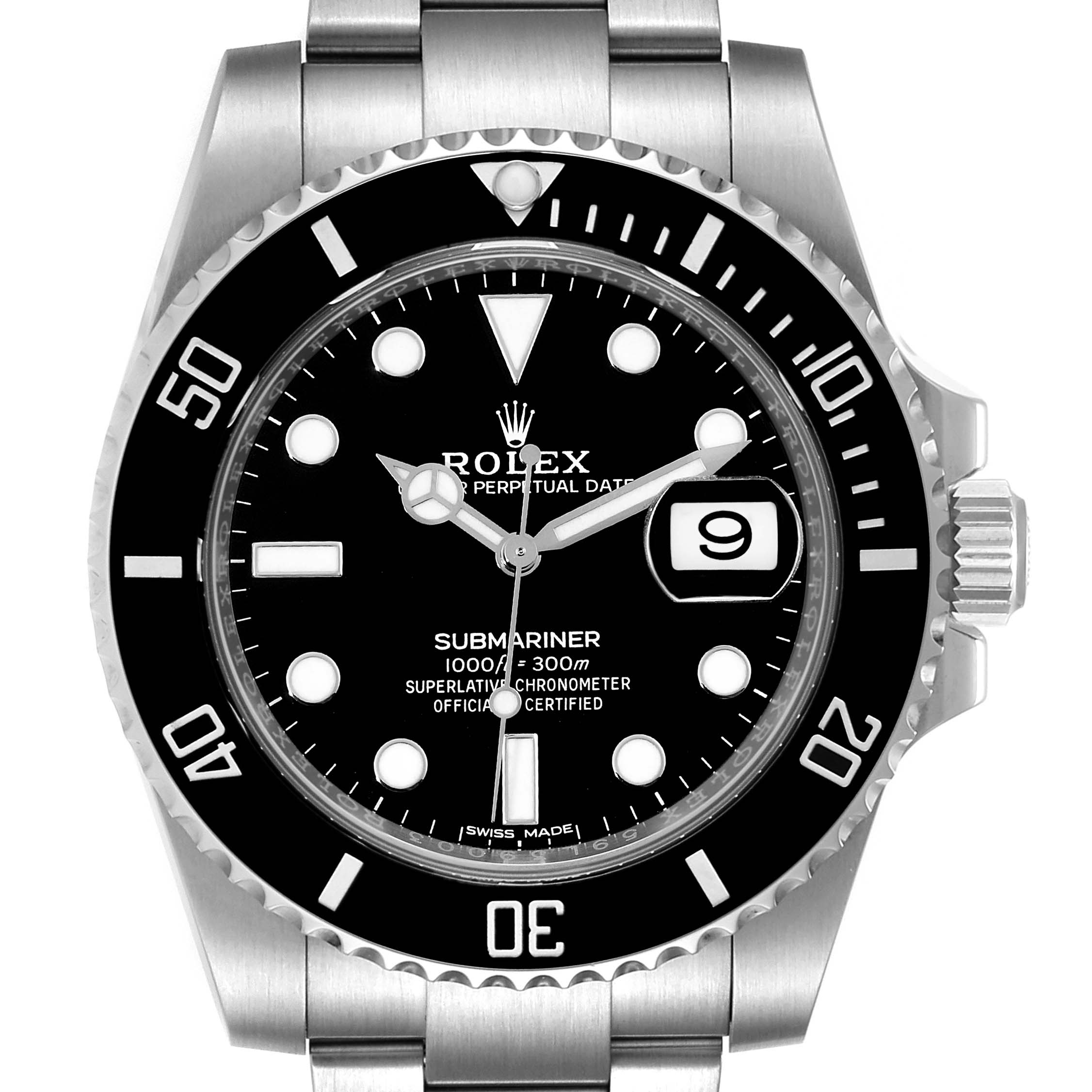 This image shows the front view of a Rolex Submariner 116610 Men
s Stainless Steel Black Dial 116610 Men
s Stainless Steel Black Dial watch, highlighting its dial, bezel, and bracelet.