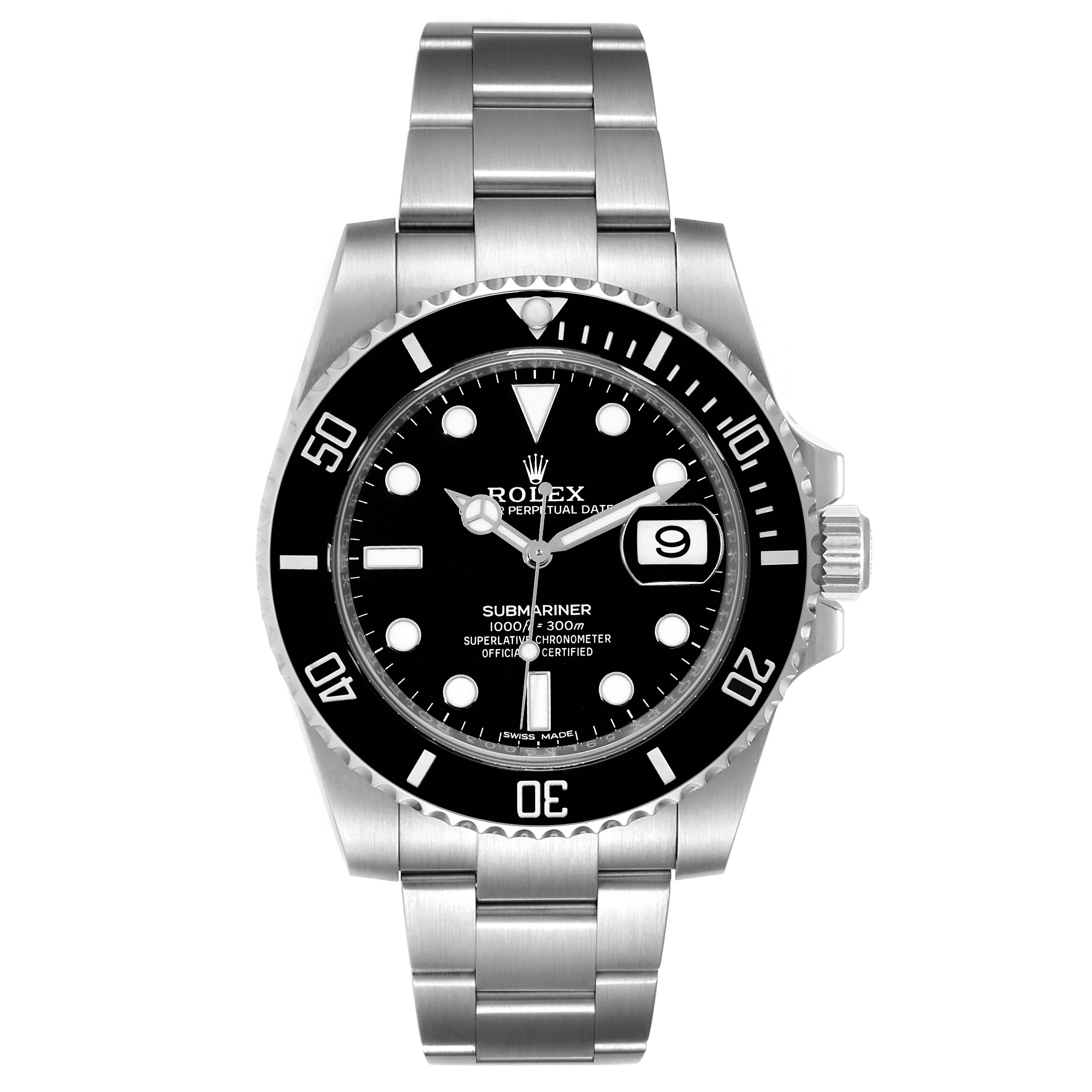 This image shows a front view of a Rolex Submariner 116610 Men
s Stainless Steel Black Dial 116610 Men
s Stainless Steel Black Dial watch, featuring its black dial, bezel, and stainless steel bracelet.
