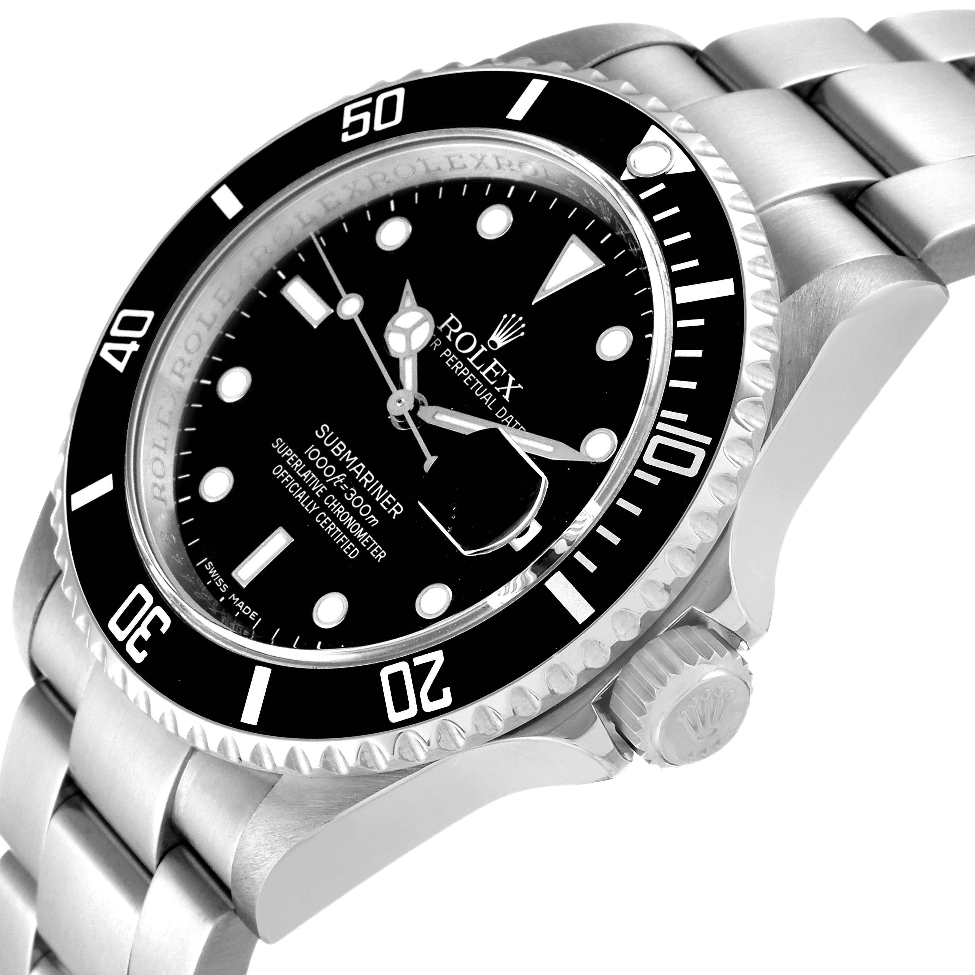 This image shows a Rolex Submariner 16610 Men
s Stainless Steel Black Dial 16610 Men
s Stainless Steel Black Dial watch at a three-quarter angle, highlighting its bezel, dial, crown, and bracelet.