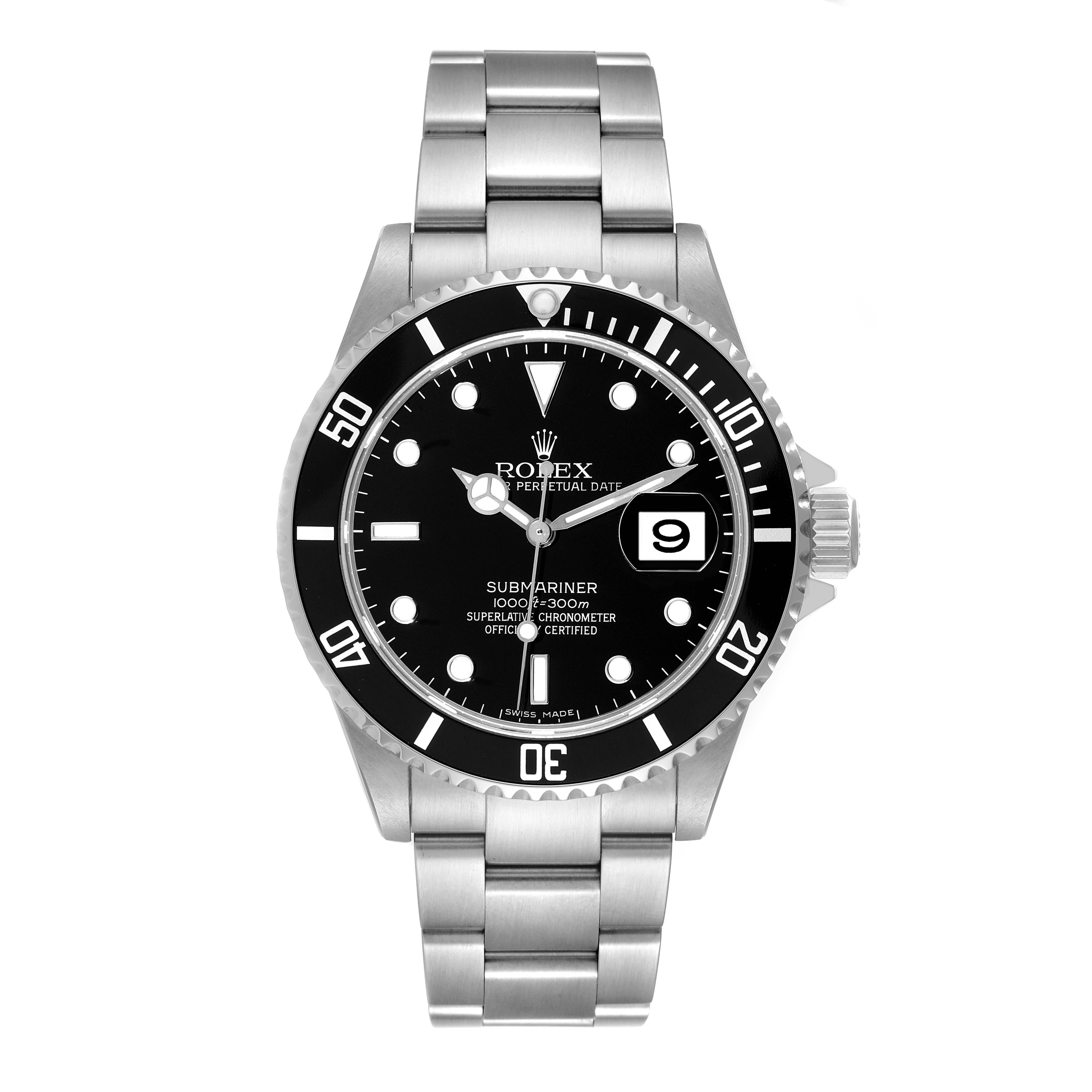 The image shows a Rolex Submariner 16610 Men
s Stainless Steel Black Dial 16610 Men
s Stainless Steel Black Dial watch from a front angle, highlighting its face, bezel, and bracelet.
