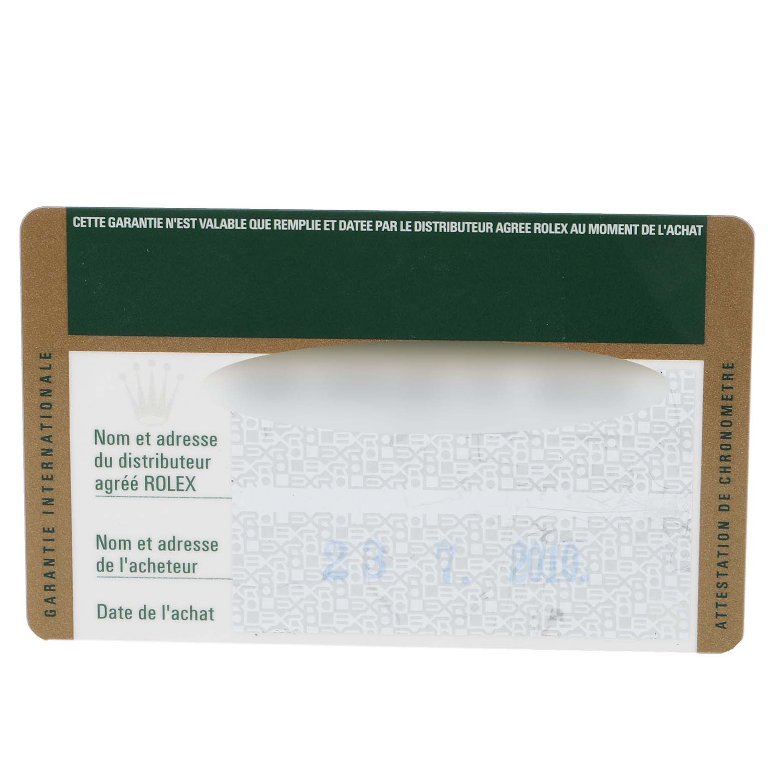 This image shows a warranty card for a Rolex Submariner 16610 Men
s Stainless Steel Black Dial 16610 Men
s Stainless Steel Black Dial watch.