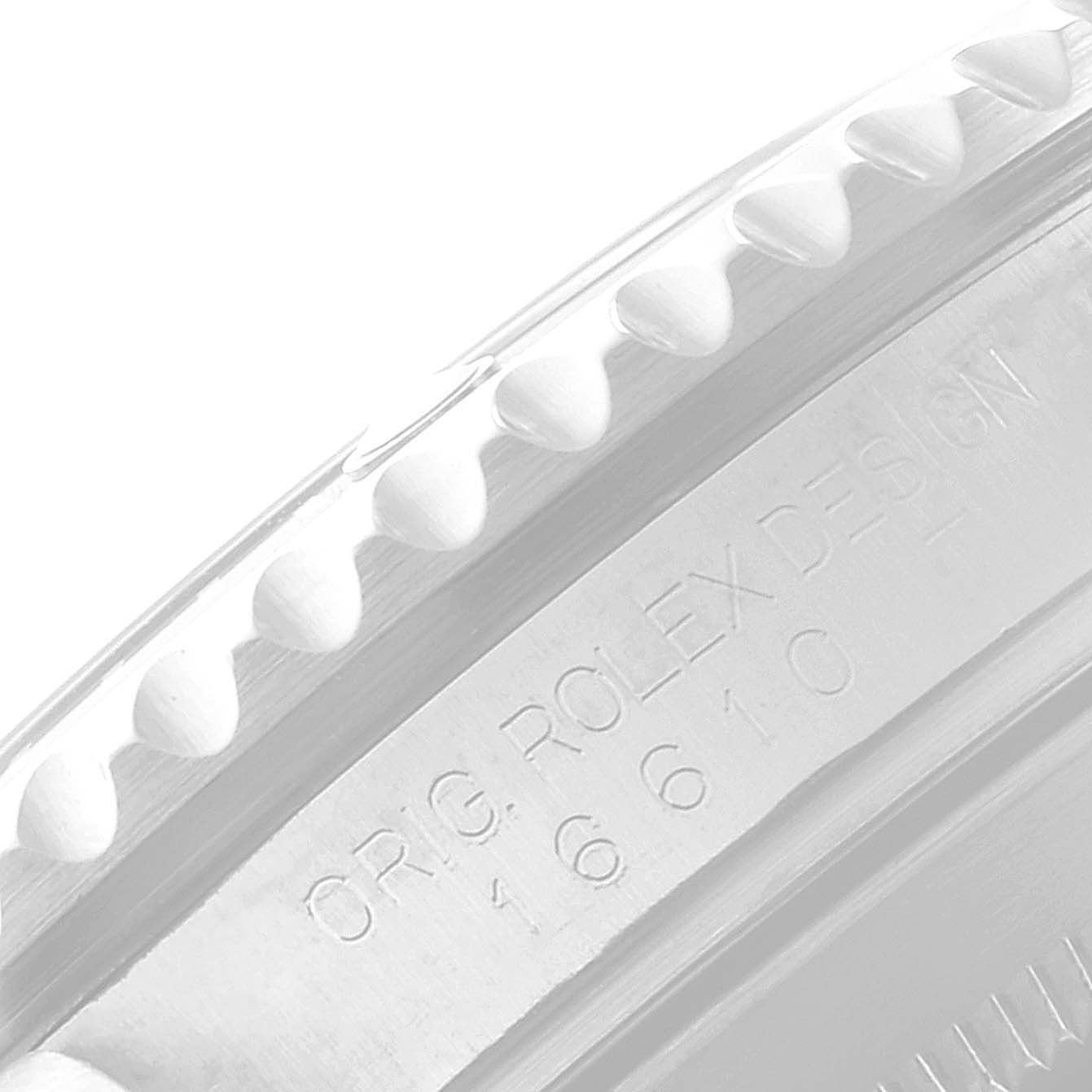 This image shows a close-up angle of the engraving on the case side of a Rolex Submariner 16610 Men
s Stainless Steel Black Dial 16610 Men
s Stainless Steel Black Dial model.