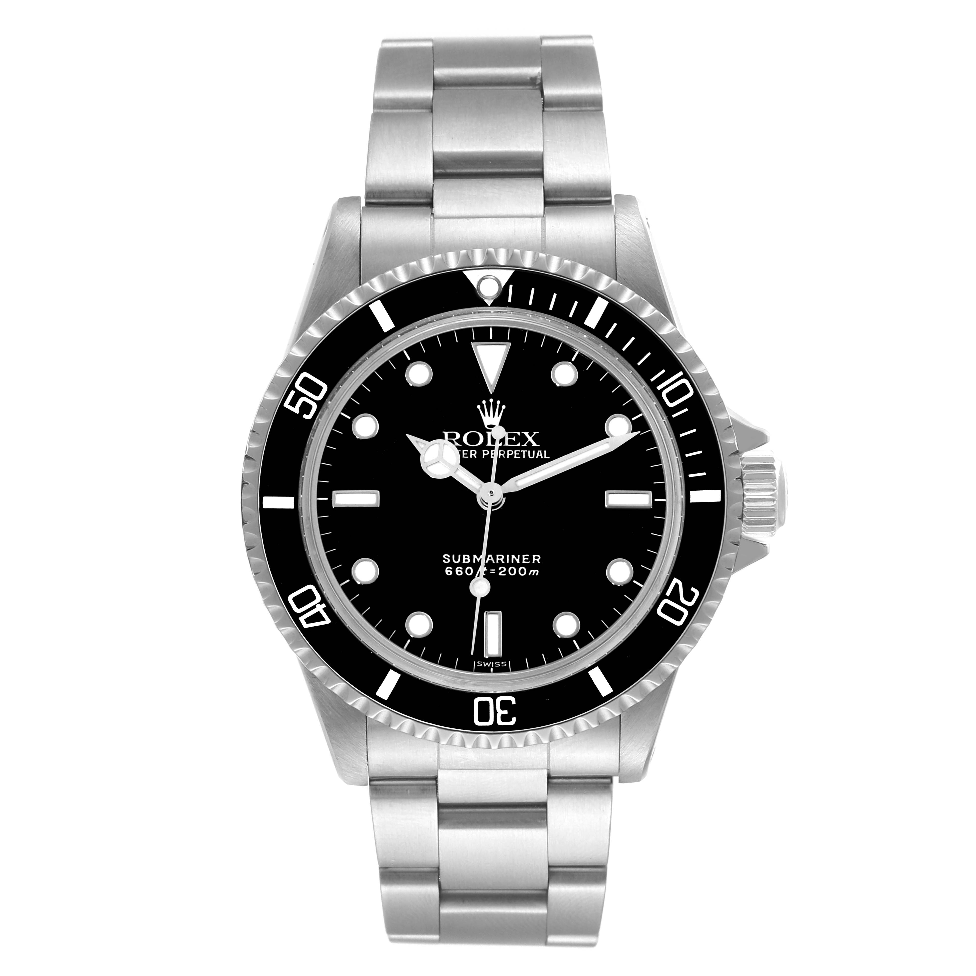 The image shows a front view of a Rolex Submariner 5513 Men
s Stainless Steel Black Dial 5513 Men
s Stainless Steel Black Dial watch, displaying its face, bezel, and bracelet.
