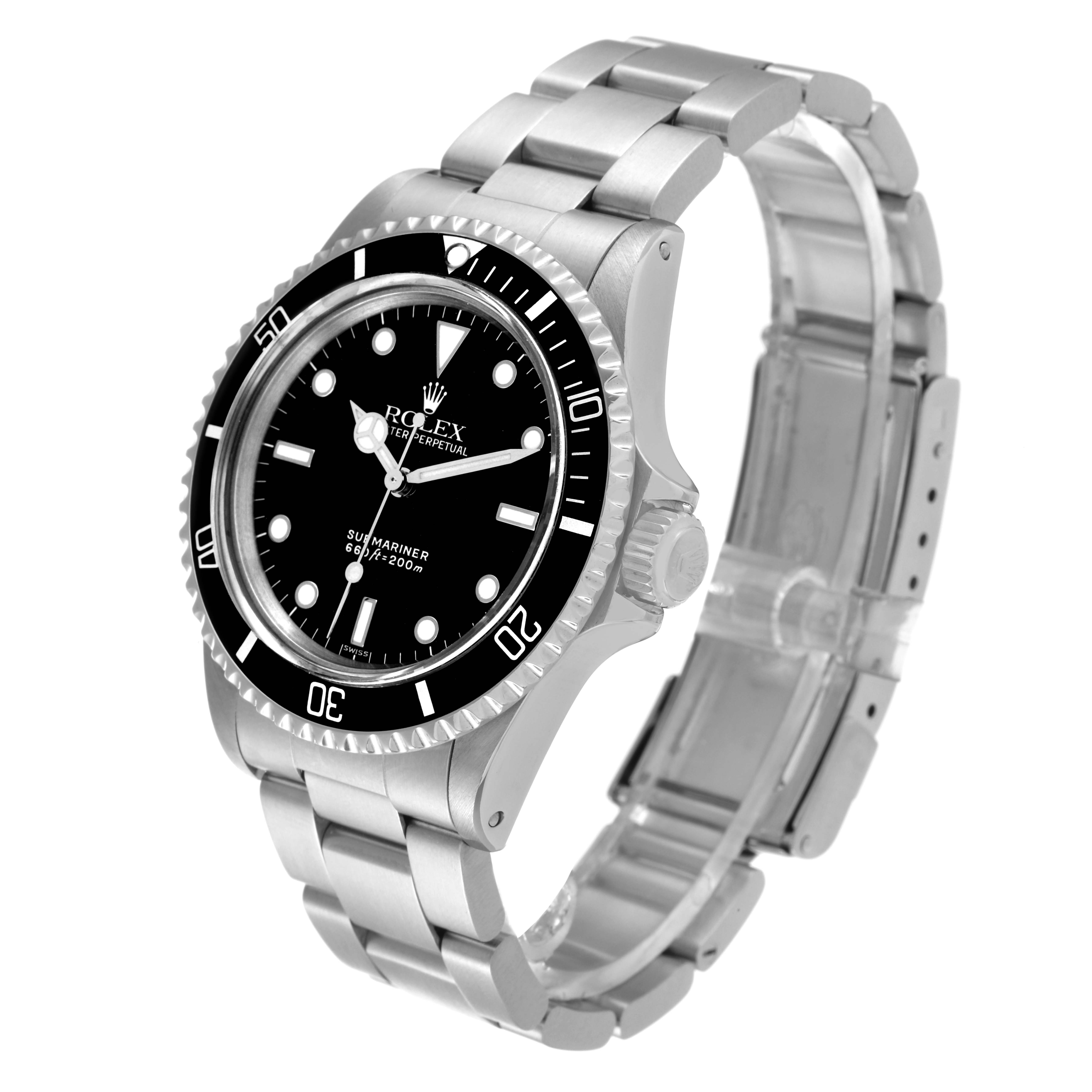 The Rolex Submariner 5513 Men
s Stainless Steel Black Dial 5513 Men
s Stainless Steel Black Dial watch is shown at a three-quarter angle, highlighting the face, bezel, crown, and stainless steel bracelet.