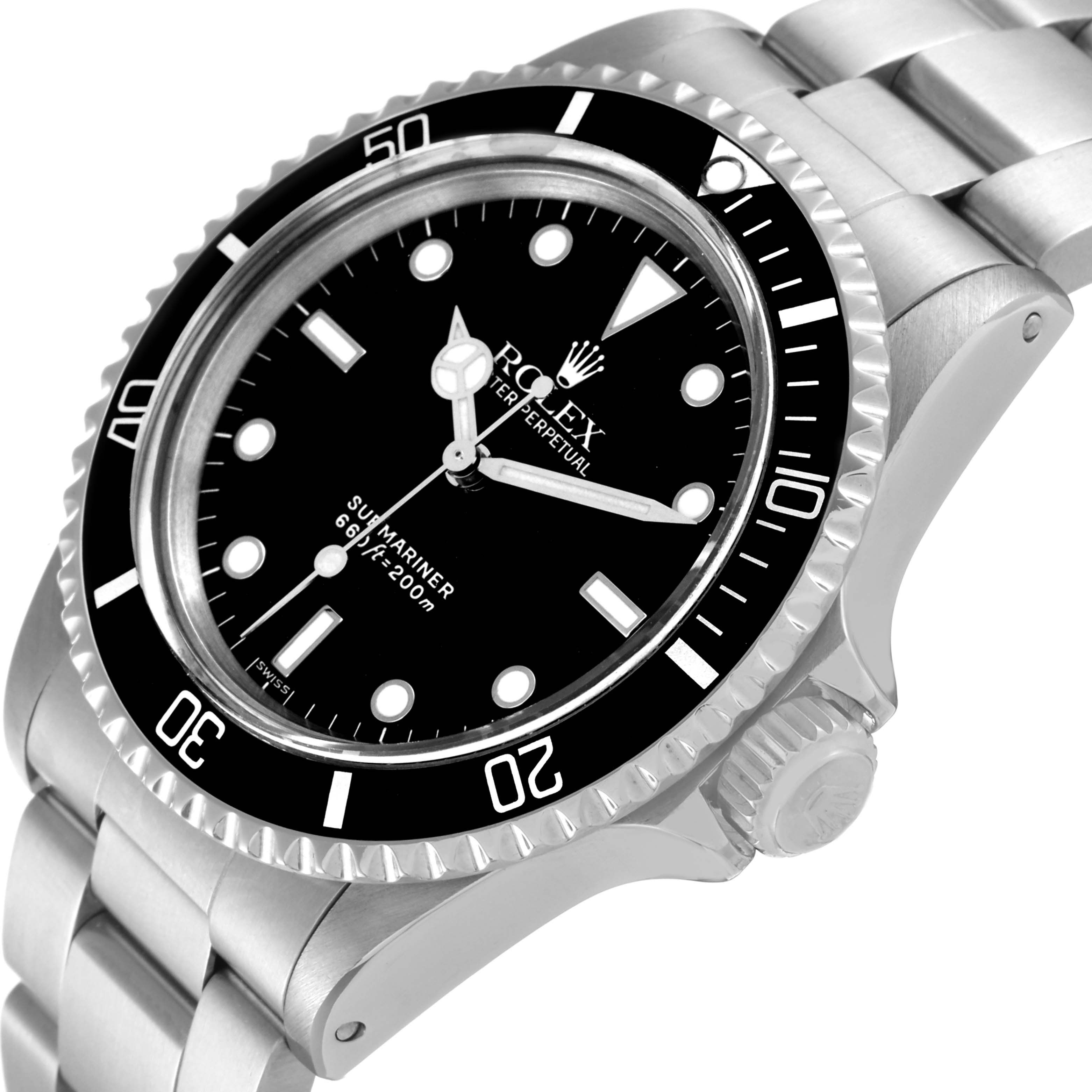 This image shows a close-up angle of the Rolex Submariner 5513 Men
s Stainless Steel Black Dial 5513 Men
s Stainless Steel Black Dial watch, highlighting the dial, bezel, crown, and bracelet.