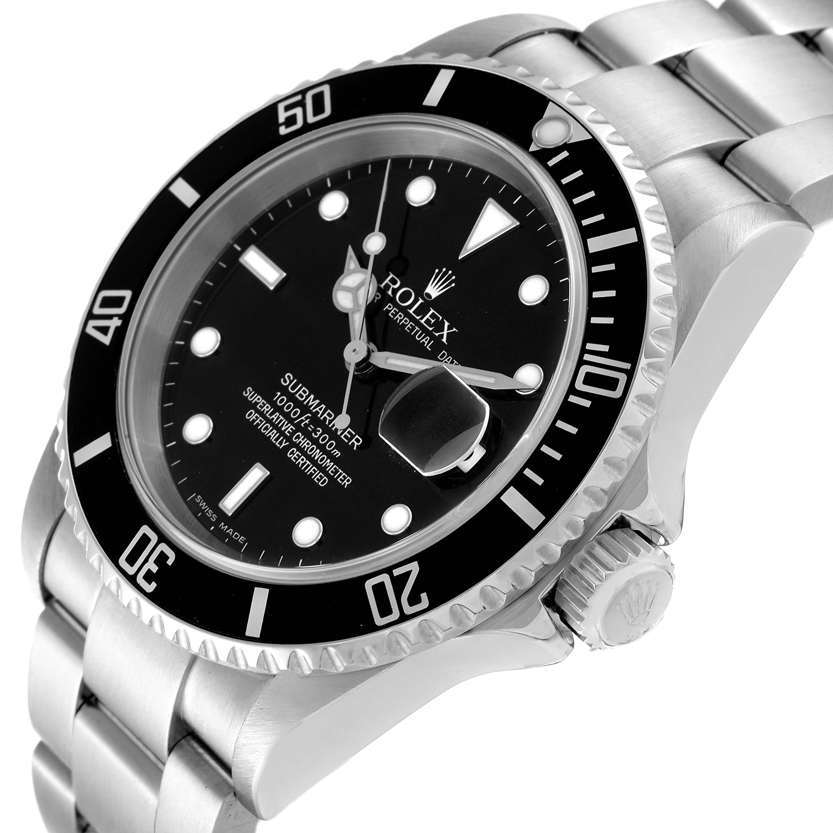 The image shows a Rolex Submariner 16610 Men's Stainless Steel Black Dial 16610 Men's Stainless Steel Black Dial watch from a top-side angle, highlighting the dial, bezel, and part of the bracelet.