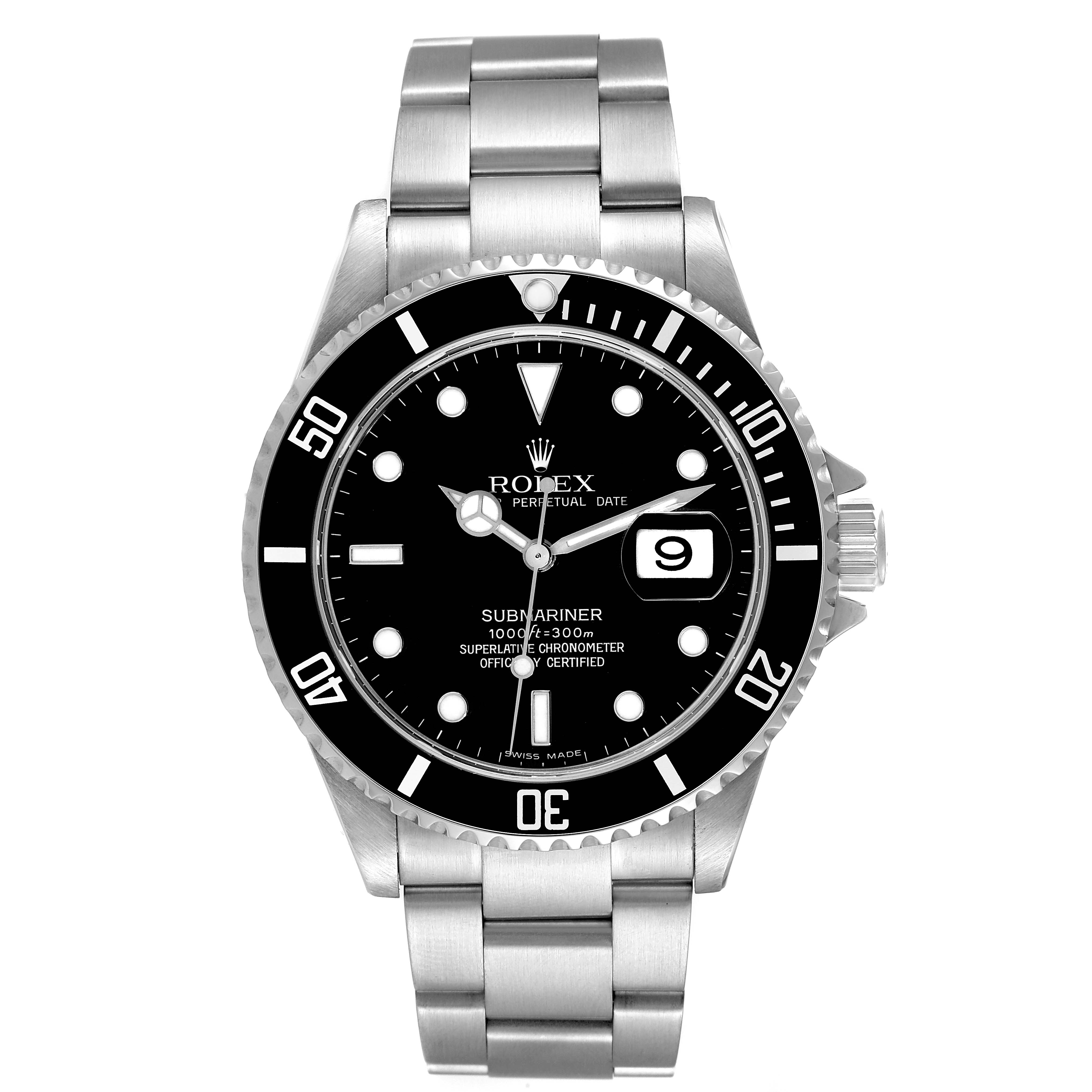 The image shows a front view of the Rolex Submariner 16610 Men's Stainless Steel Black Dial 16610 Men's Stainless Steel Black Dial, displaying its black dial, bezel, and stainless steel bracelet.