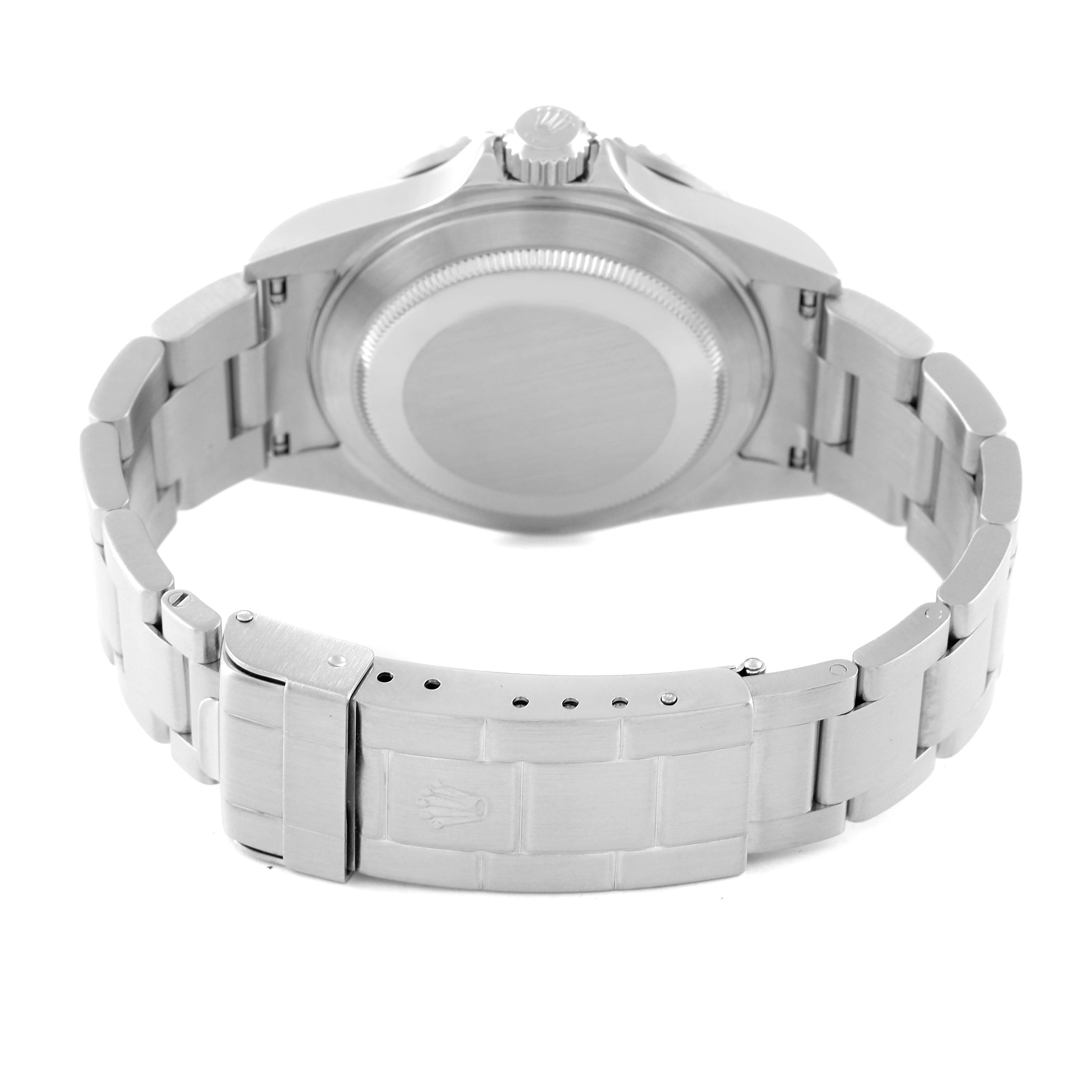 The image shows the backside of a Rolex Submariner 16610 Men's Stainless Steel Black Dial 16610 Men's Stainless Steel Black Dial watch, highlighting the clasp and the back of the watch case.