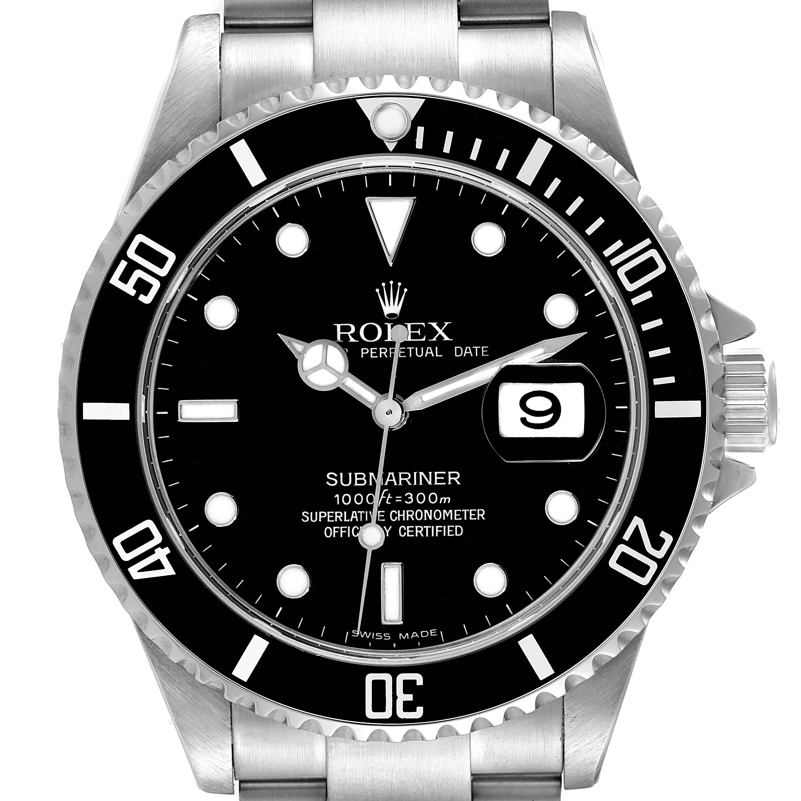 The image shows a front view of the Rolex Submariner 16610 Men's Stainless Steel Black Dial 16610 Men's Stainless Steel Black Dial watch, displaying the bezel, dial, hands, and bracelet.