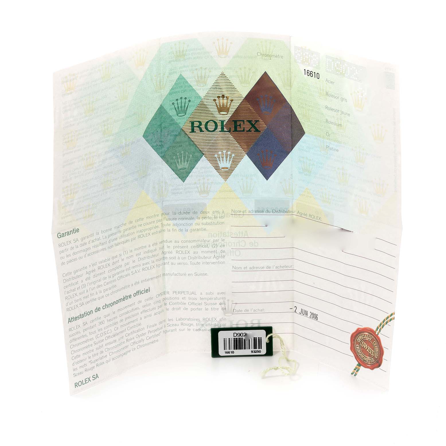 This image shows the warranty and certification papers for a Rolex Submariner 16610 Men's Stainless Steel Black Dial 16610 Men's Stainless Steel Black Dial model 16610.