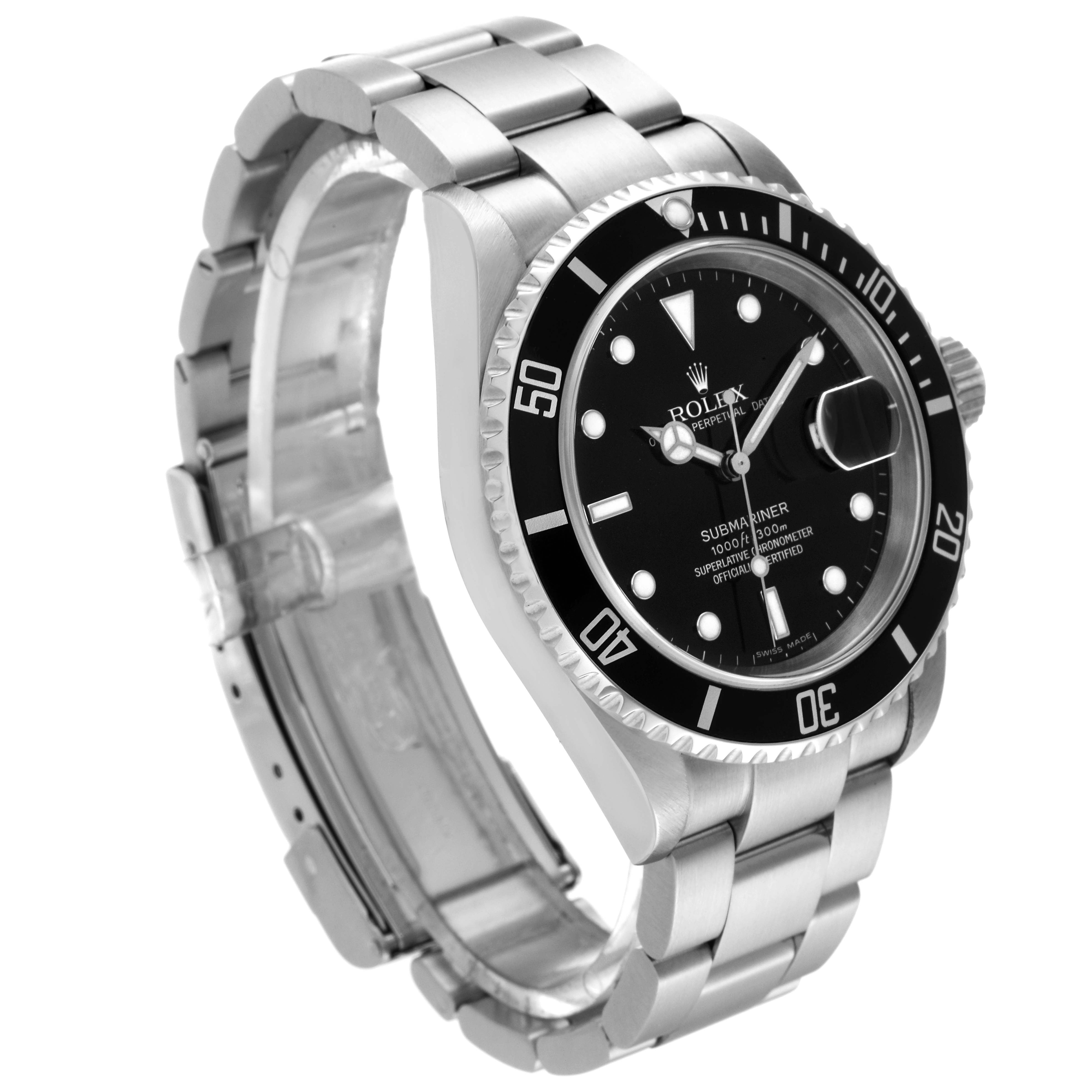 The image shows a side angle of a Rolex Submariner 16610 Men's Stainless Steel Black Dial 16610 Men's Stainless Steel Black Dial watch, highlighting the bracelet, bezel, dial, and crown.