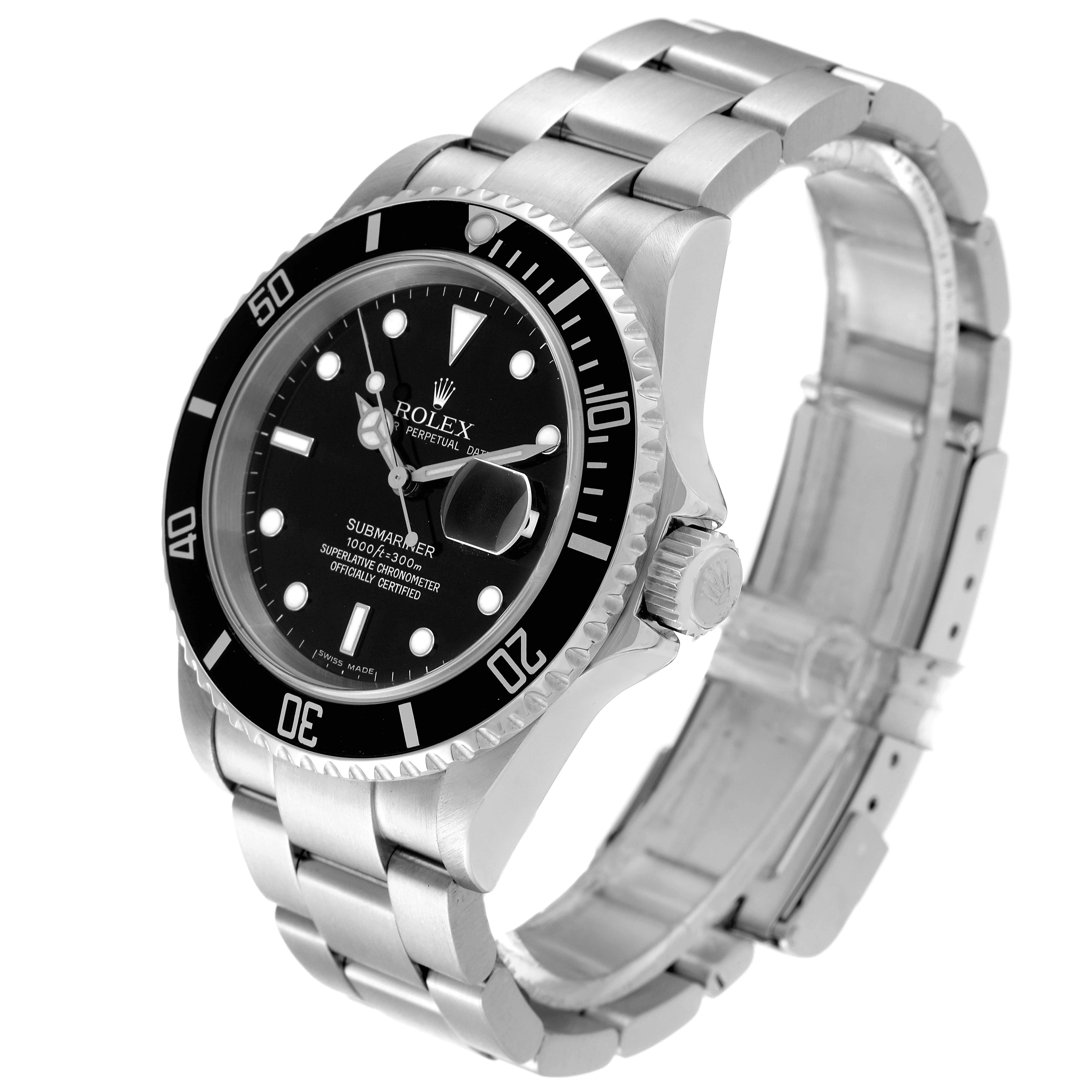 This image shows a Rolex Submariner 16610 Men's Stainless Steel Black Dial 16610 Men's Stainless Steel Black Dial watch from a front angle, highlighting the dial, bezel, bracelet, and crown.