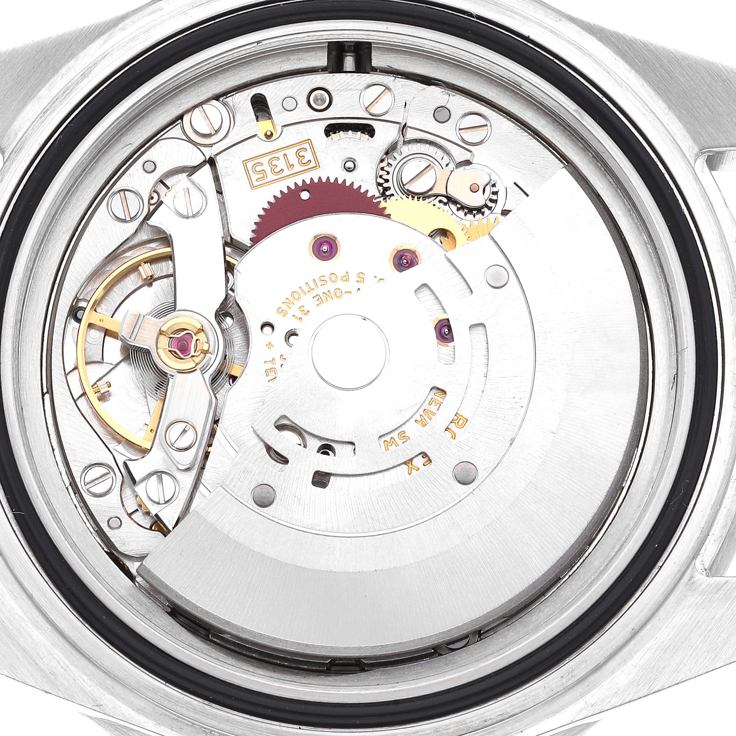 The image shows a detailed view of the inner mechanical movement of a Rolex Submariner 16610 Men's Stainless Steel Black Dial 16610 Men's Stainless Steel Black Dial.