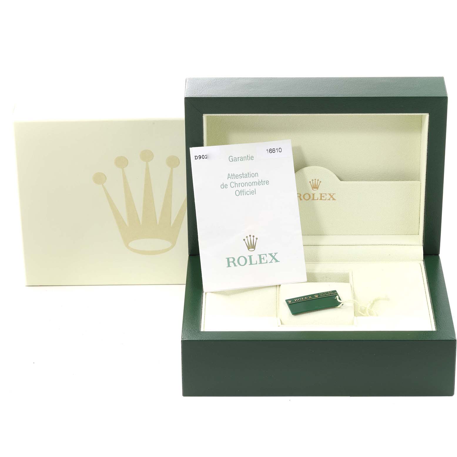 This image shows a Rolex Submariner 16610 Men's Stainless Steel Black Dial 16610 Men's Stainless Steel Black Dial watch box, warranty card, and tag from a front angle.
