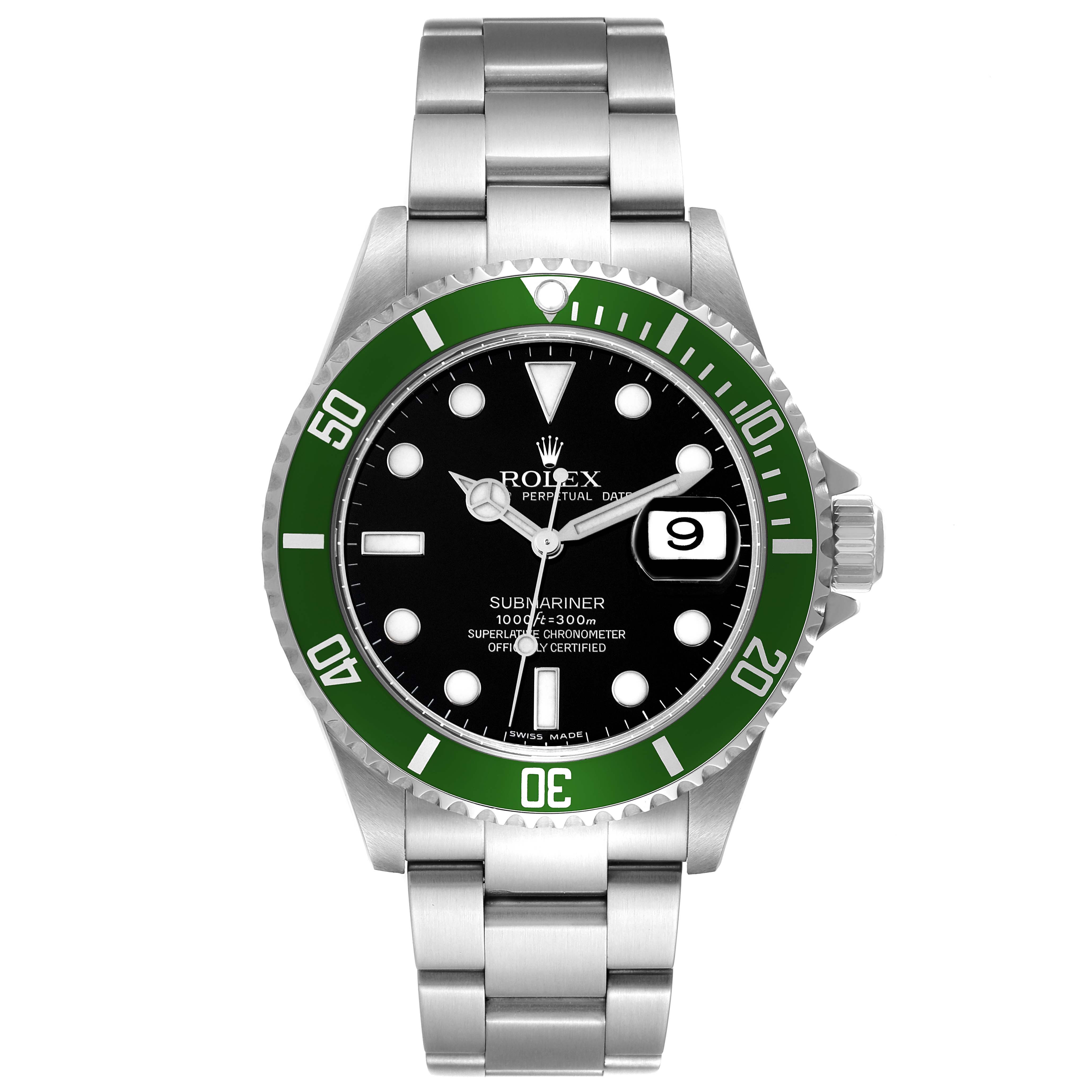 This image shows a front view of the Rolex Submariner 16610LV Men
s Stainless Steel Black Dial 16610LV Men
s Stainless Steel Black Dial, highlighting its green bezel, black dial, and stainless steel bracelet.