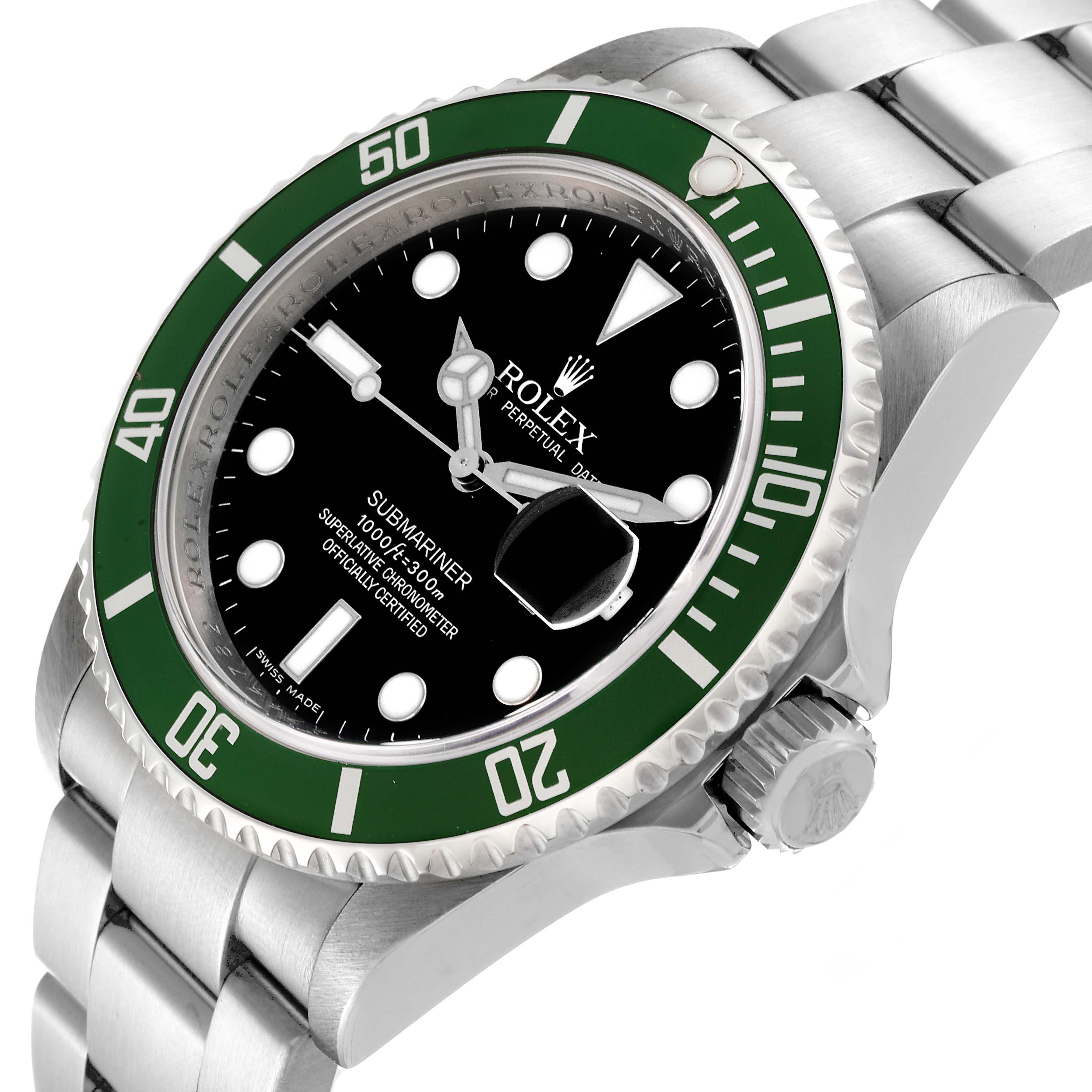 This is an angled view of the Rolex Submariner 16610LV Men
s Stainless Steel Black Dial 16610LV Men
s Stainless Steel Black Dial watch showing the face, bezel, crown, and part of the bracelet.
