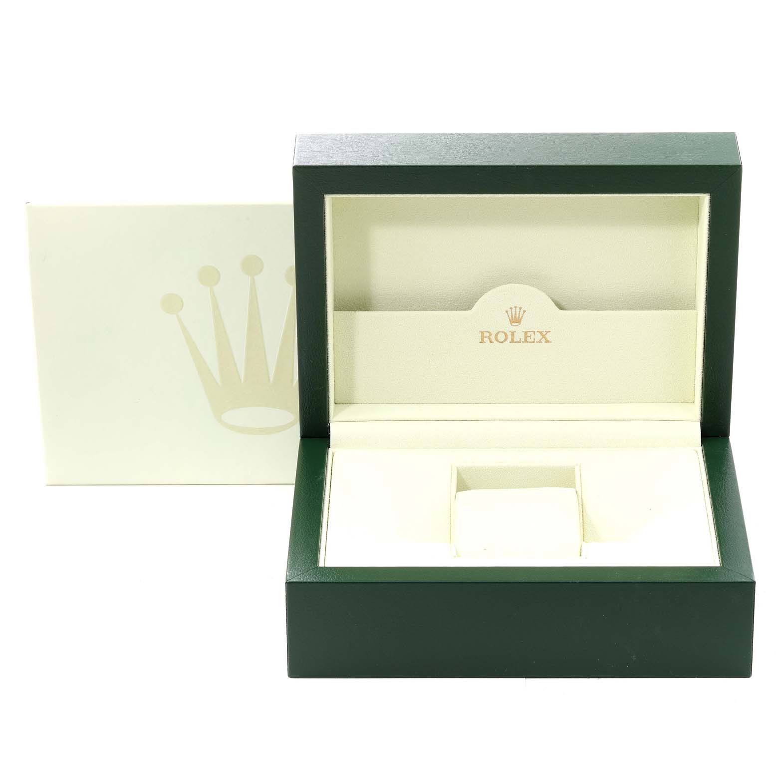 This image shows an open Rolex Submariner 16610LV Men
s Stainless Steel Black Dial 16610LV Men
s Stainless Steel Black Dial watch box with its interior and outer packaging in view.