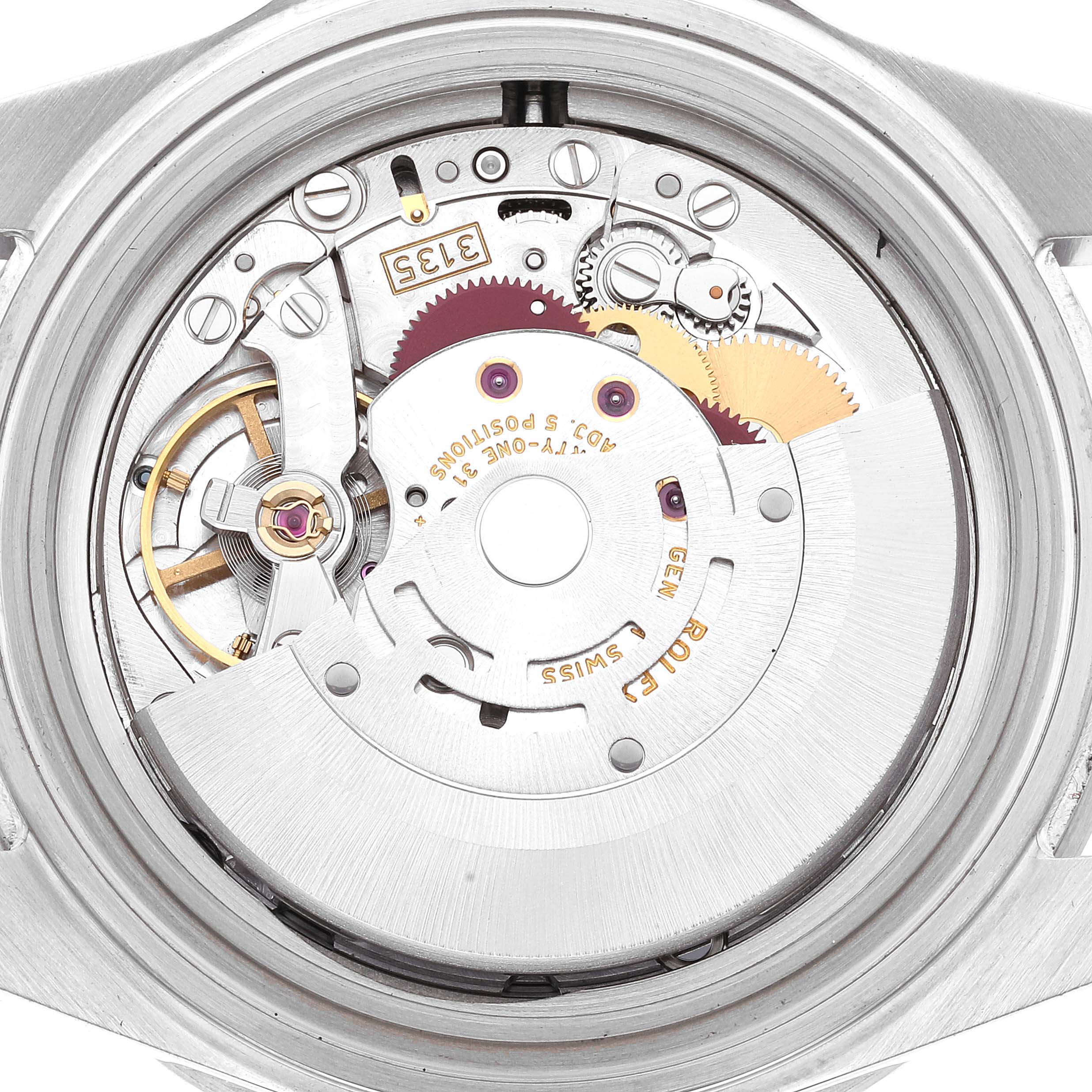 The image shows the movement mechanism of a Rolex Submariner 16610LV Men
s Stainless Steel Black Dial 16610LV Men
s Stainless Steel Black Dial watch from a rear angle.