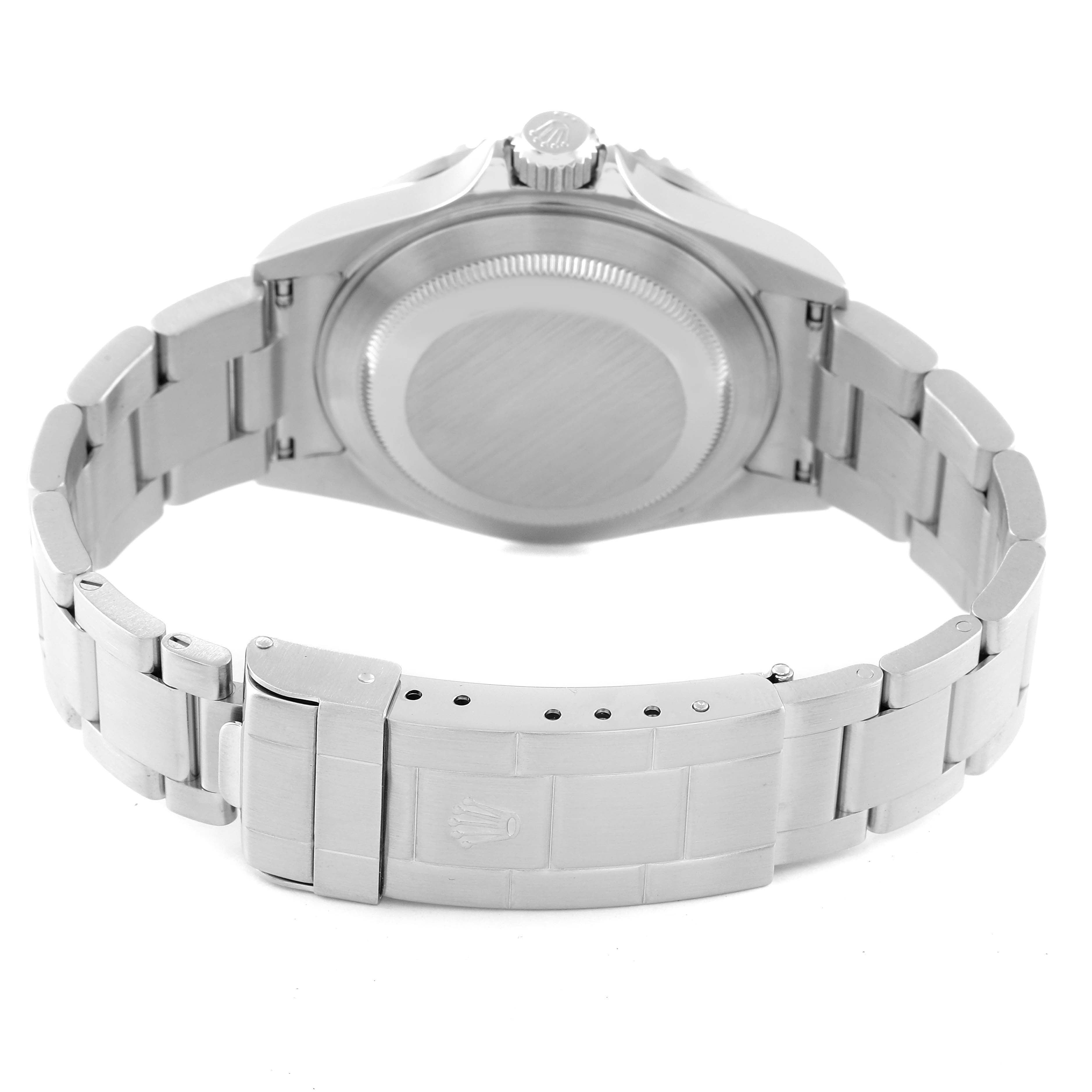 The image shows the backside and bracelet of a Rolex Submariner 16610LV Men
s Stainless Steel Black Dial 16610LV Men
s Stainless Steel Black Dial, highlighting the clasp and case back.