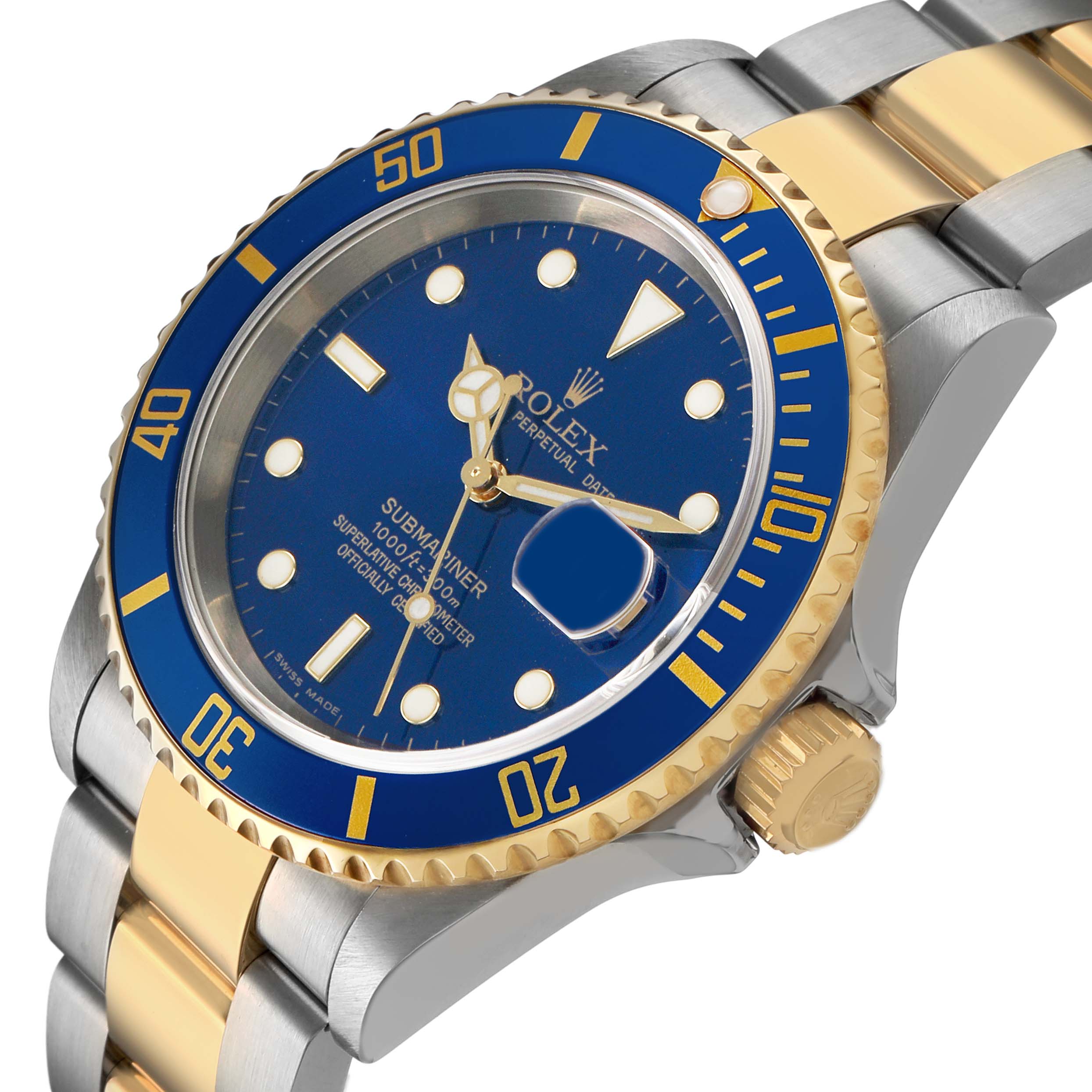 The Rolex Submariner 16613 Men's Steel and Gold (two tone) Blue Dial is shown at a three-quarter angle, displaying its blue dial, bezel, and gold and steel bracelet.