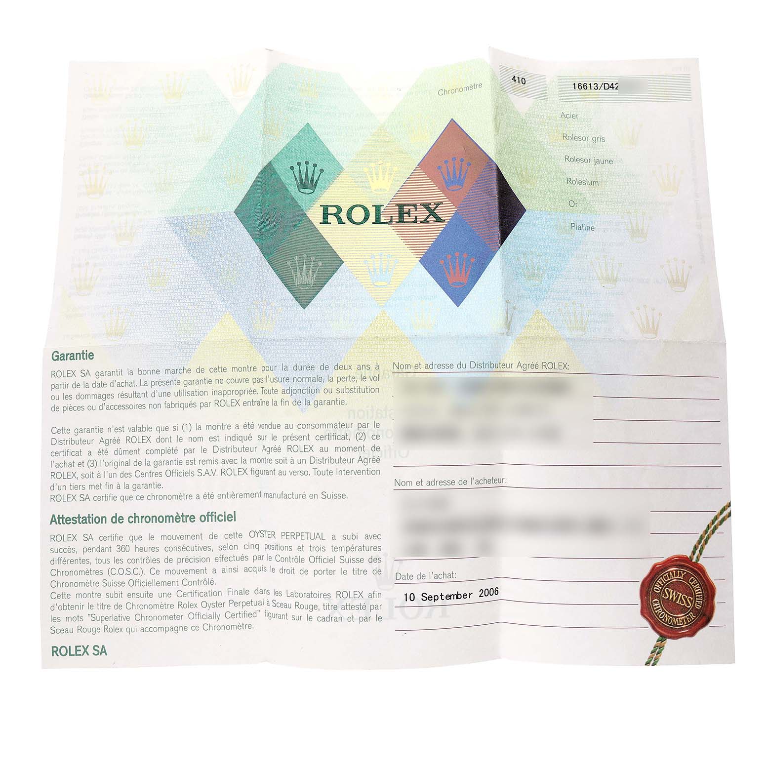 This image shows the warranty certificate for a Rolex Submariner 16613 Men's Steel and Gold (two tone) Blue Dial watch, highlighting brand and purchase details.