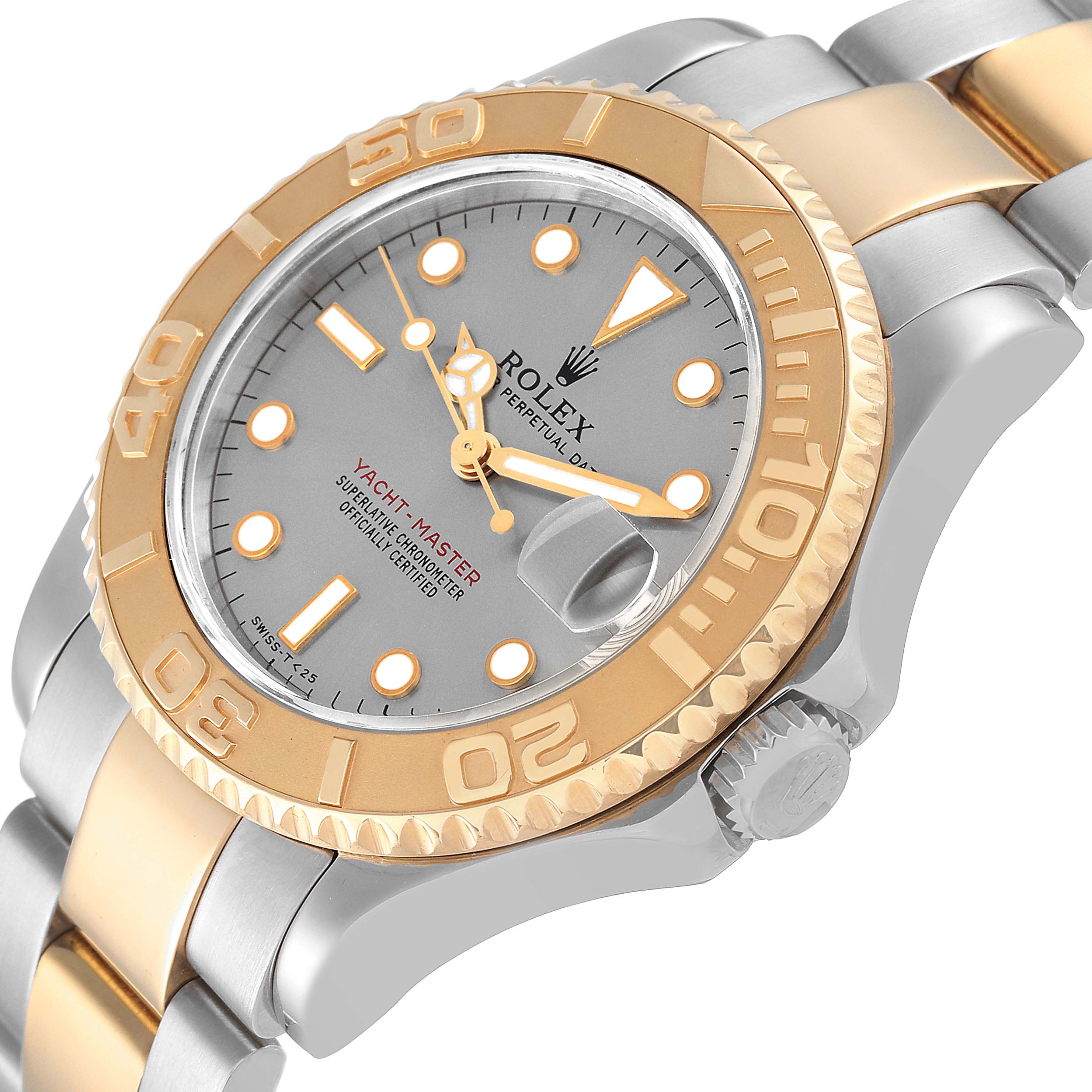 The Rolex Yacht-Master 68623 Men's Steel and Gold (two tone) Grey Dial 68623 Men's Steel and Gold (two tone) Grey Dial watch is shown from an angled view, highlighting its face, bezel, crown, and partial bracelet.