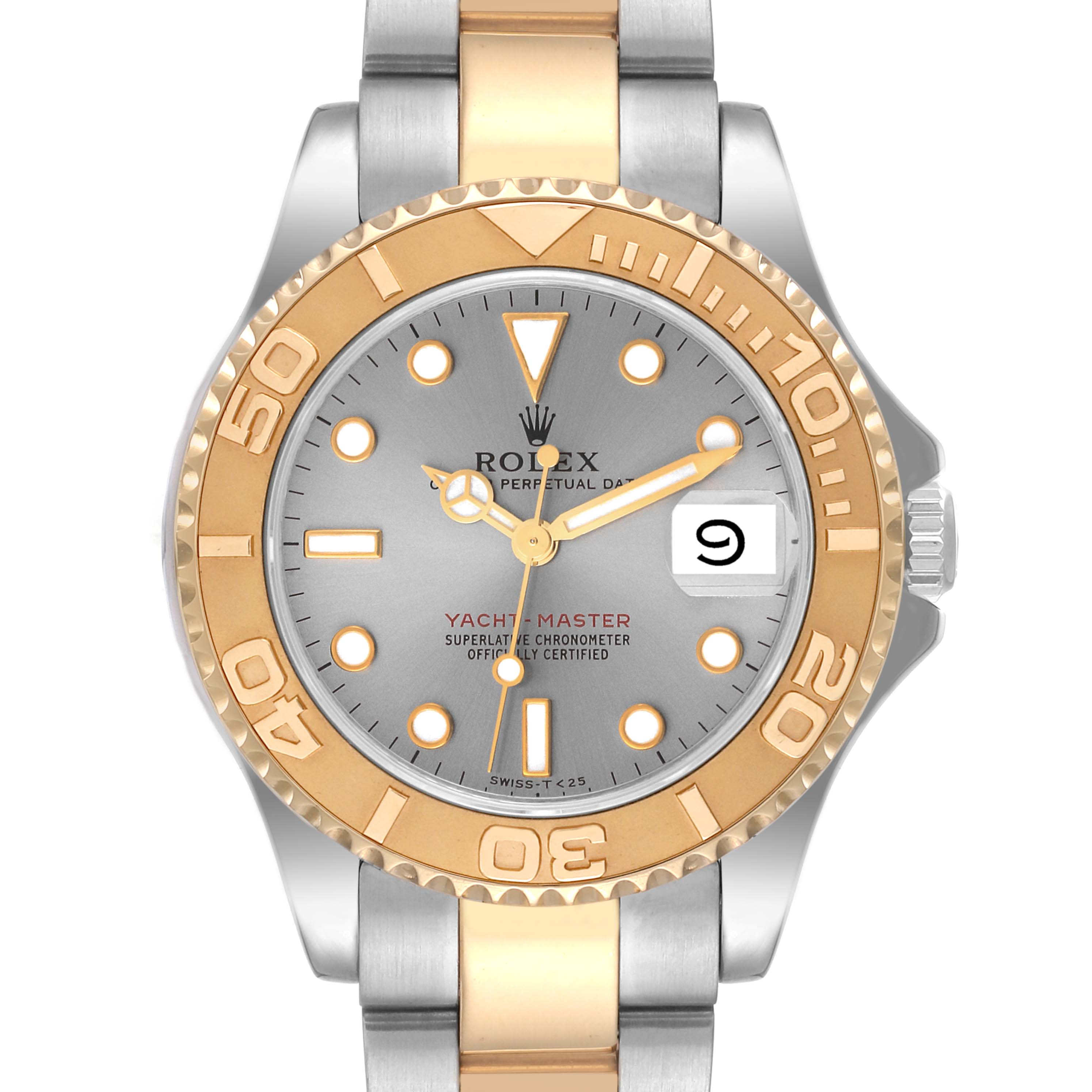The image shows a front view of the Rolex Yacht-Master 68623 Men's Steel and Gold (two tone) Grey Dial 68623 Men's Steel and Gold (two tone) Grey Dial watch, highlighting its dial, bezel, bracelet, and date display.