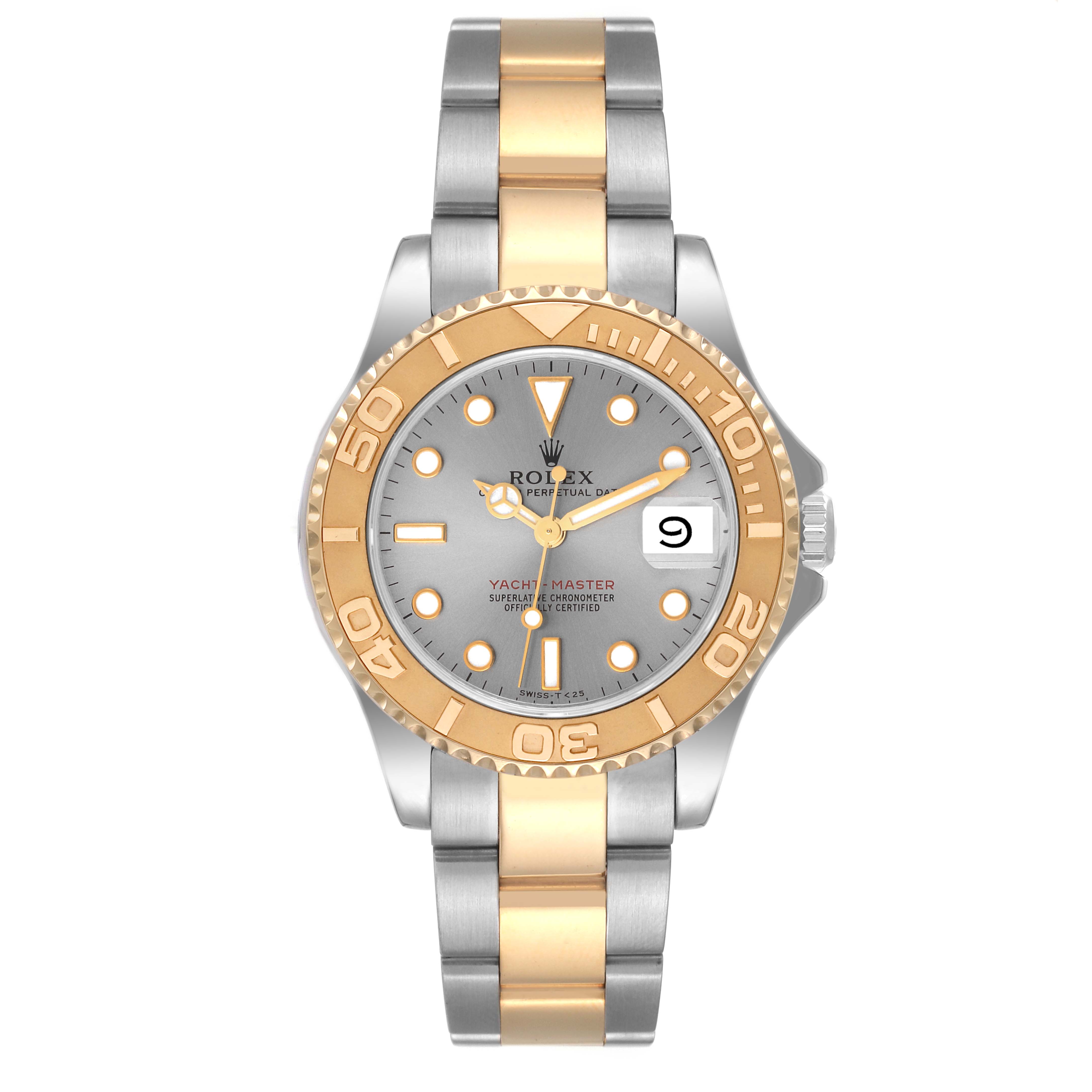This front-angle image shows the Rolex Yacht-Master 68623 Men's Steel and Gold (two tone) Grey Dial 68623 Men's Steel and Gold (two tone) Grey Dial watch with a two-tone bracelet, grey dial, and gold bezel.