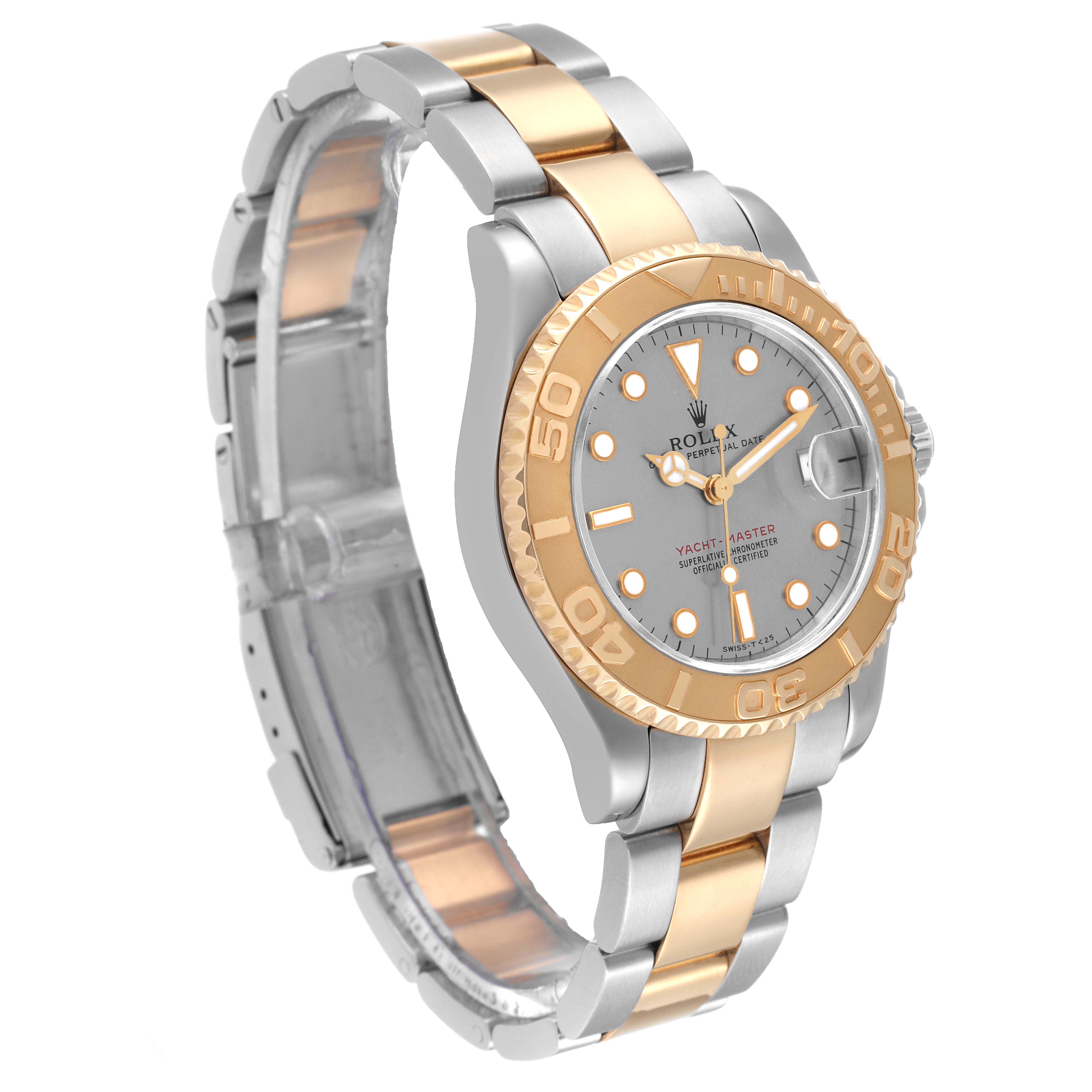 The image shows a Rolex Yacht-Master 68623 Men's Steel and Gold (two tone) Grey Dial 68623 Men's Steel and Gold (two tone) Grey Dial watch at a slightly tilted angle, highlighting the dial, bezel, and part of the bracelet.