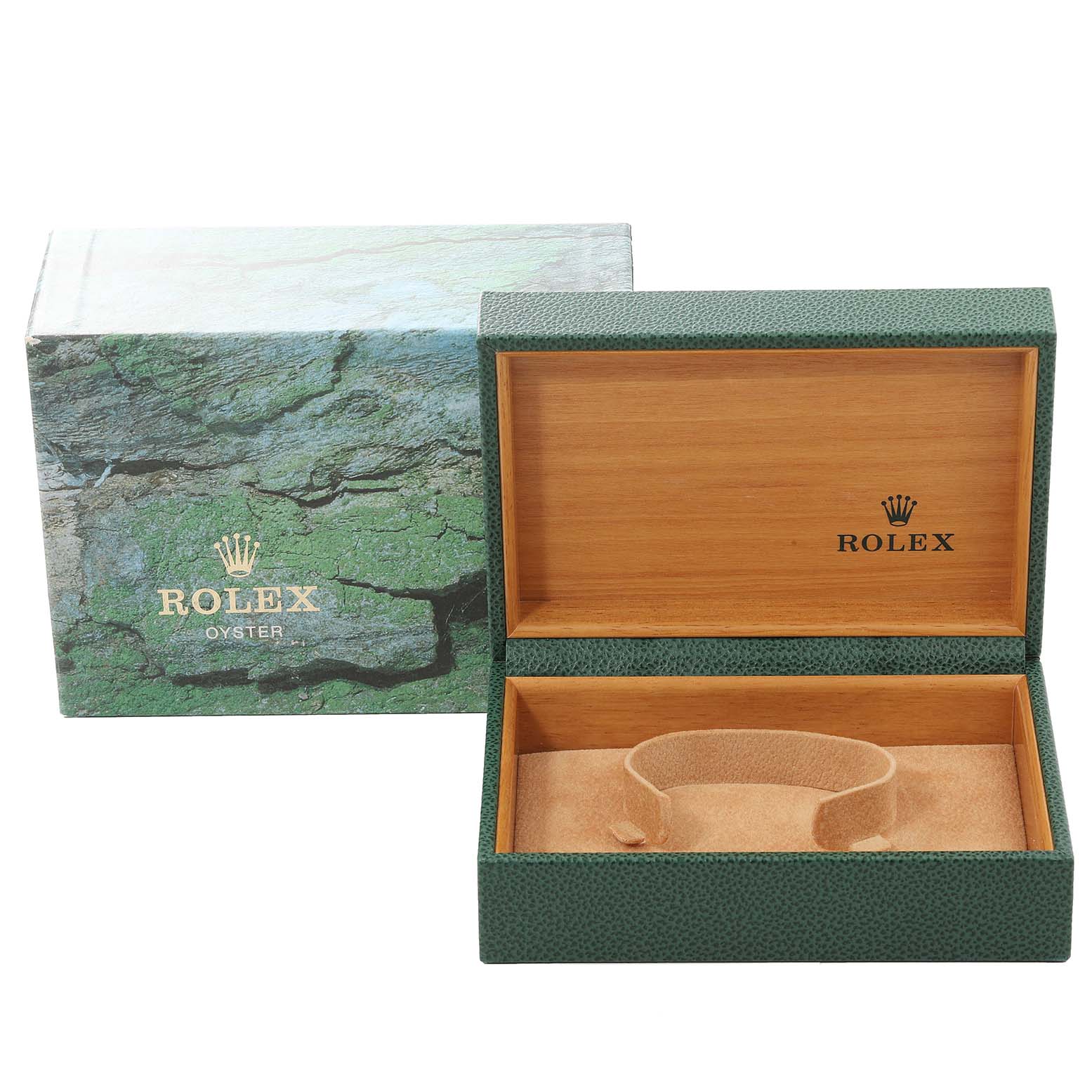 A Rolex Yacht-Master 68623 Men's Steel and Gold (two tone) Grey Dial 68623 Men's Steel and Gold (two tone) Grey Dial watch box and cover are shown, open and empty, angled from the front.