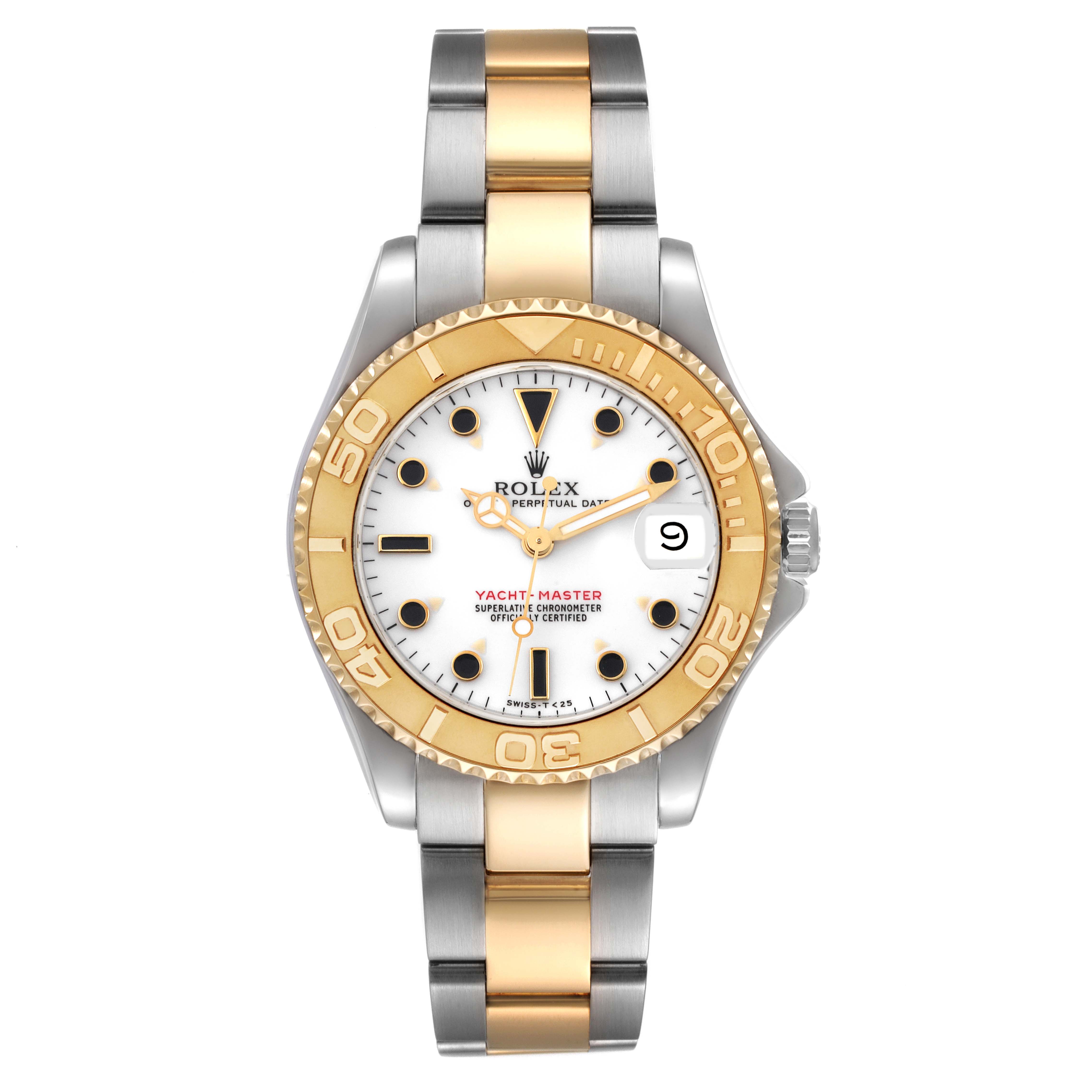 This image shows a front view of a Rolex Yacht-Master 68623 Men
s Steel and Gold (two tone) White Dial 68623 Men
s Steel and Gold (two tone) White Dial watch featuring a two-tone bracelet and a gold bezel.