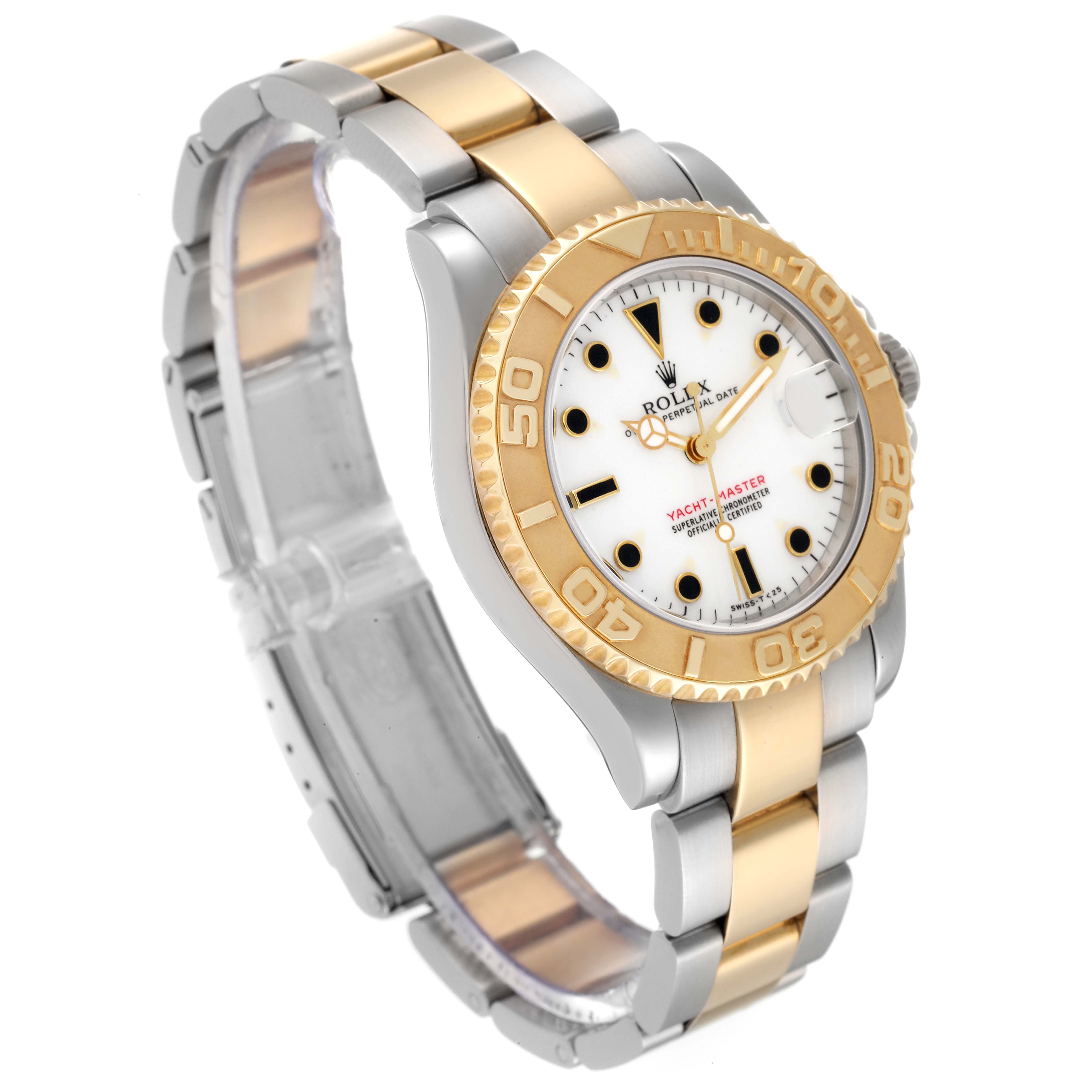 The Rolex Yacht-Master 68623 Men
s Steel and Gold (two tone) White Dial 68623 Men
s Steel and Gold (two tone) White Dial watch is shown at an angled view displaying the dial, bezel, and two-tone bracelet.