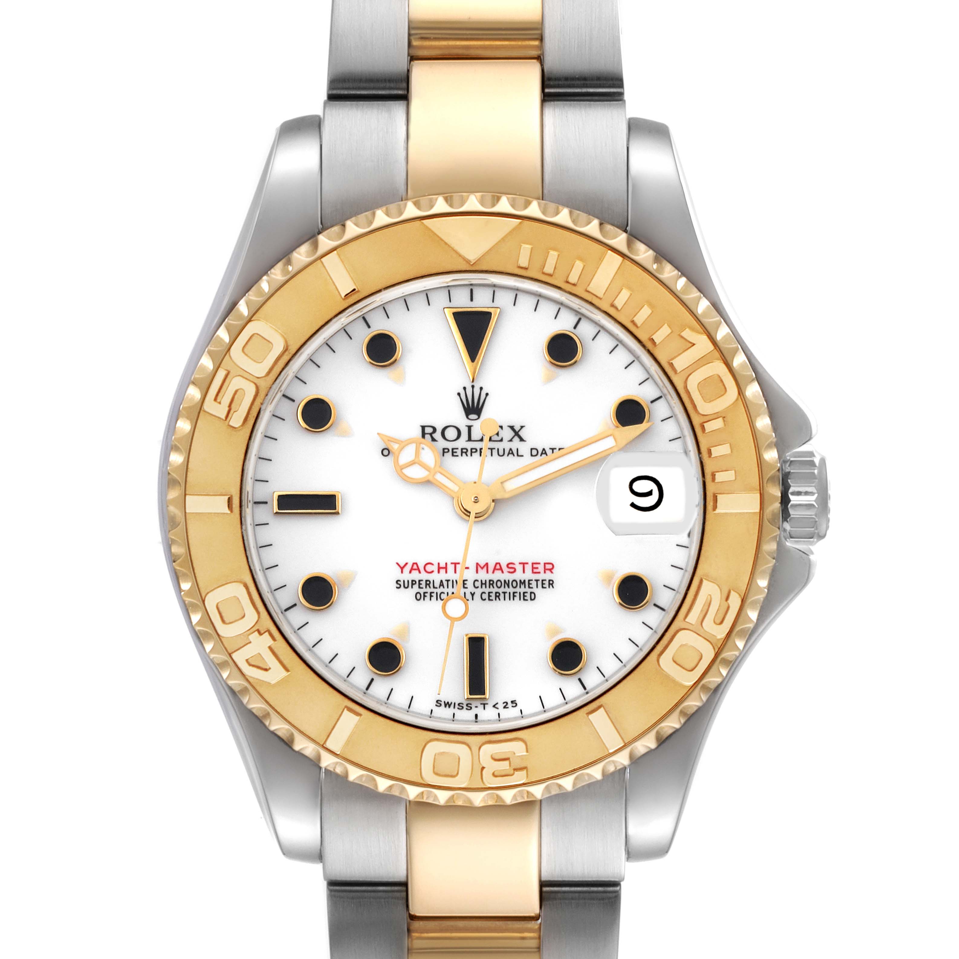 The image shows a front view of a Rolex Yacht-Master 68623 Men
s Steel and Gold (two tone) White Dial 68623 Men
s Steel and Gold (two tone) White Dial watch, highlighting the dial, bezel, and part of the bracelet.