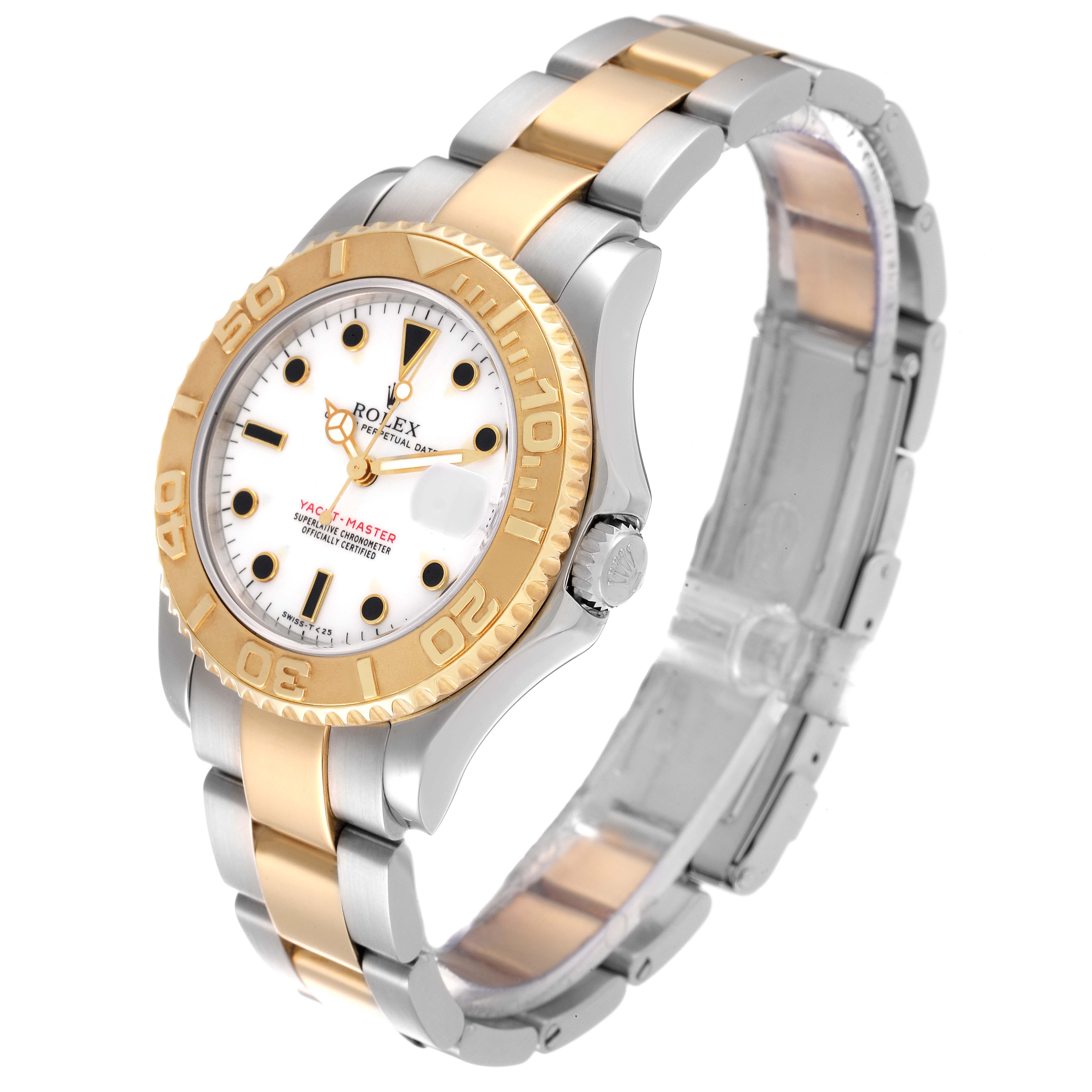 This Rolex Yacht-Master 68623 Men
s Steel and Gold (two tone) White Dial 68623 Men
s Steel and Gold (two tone) White Dial watch is shown at a three-quarter angle, displaying the face, bezel, and bracelet.