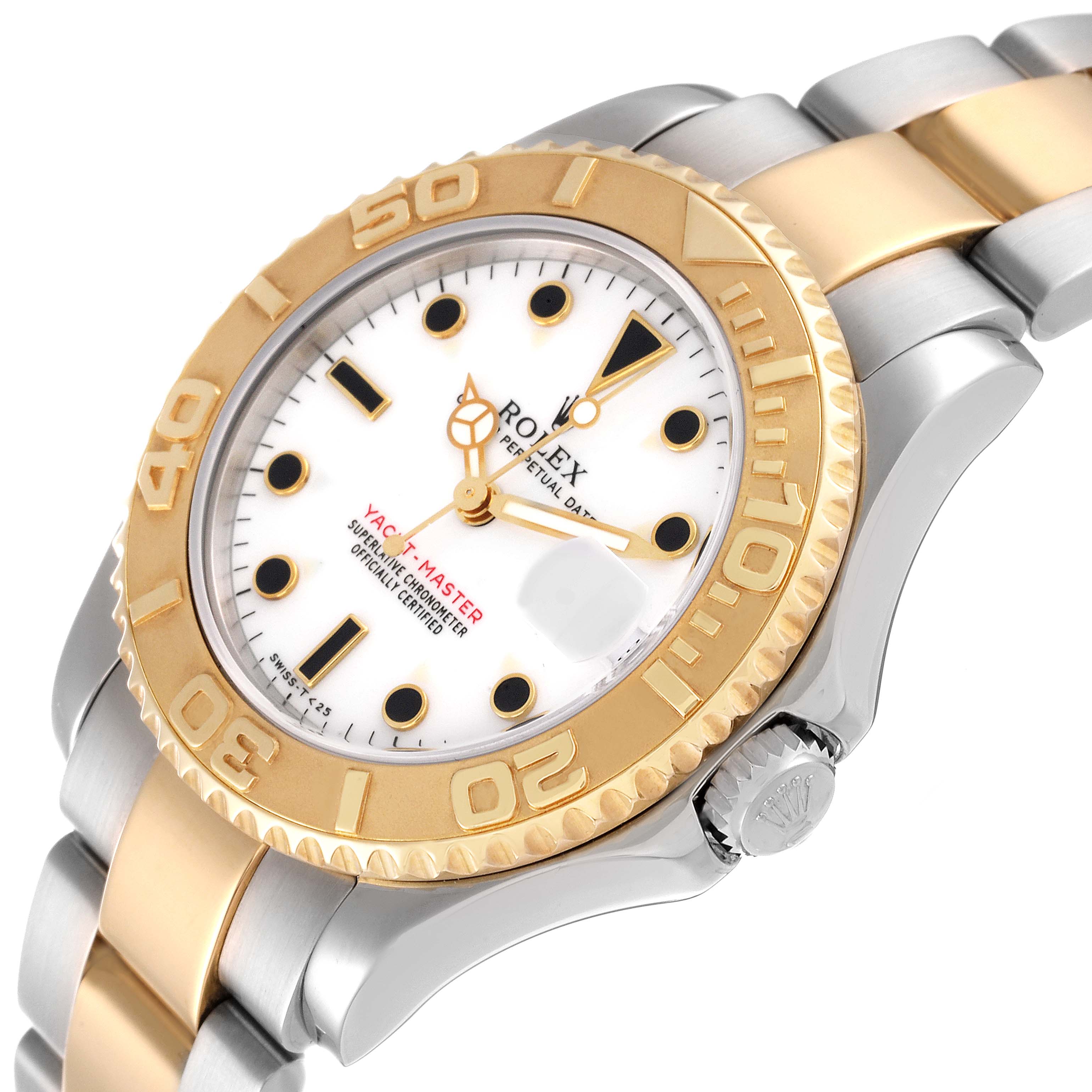 The image shows a Rolex Yacht-Master 68623 Men
s Steel and Gold (two tone) White Dial 68623 Men
s Steel and Gold (two tone) White Dial watch at an angled view, highlighting the bezel, dial, and part of the bracelet.