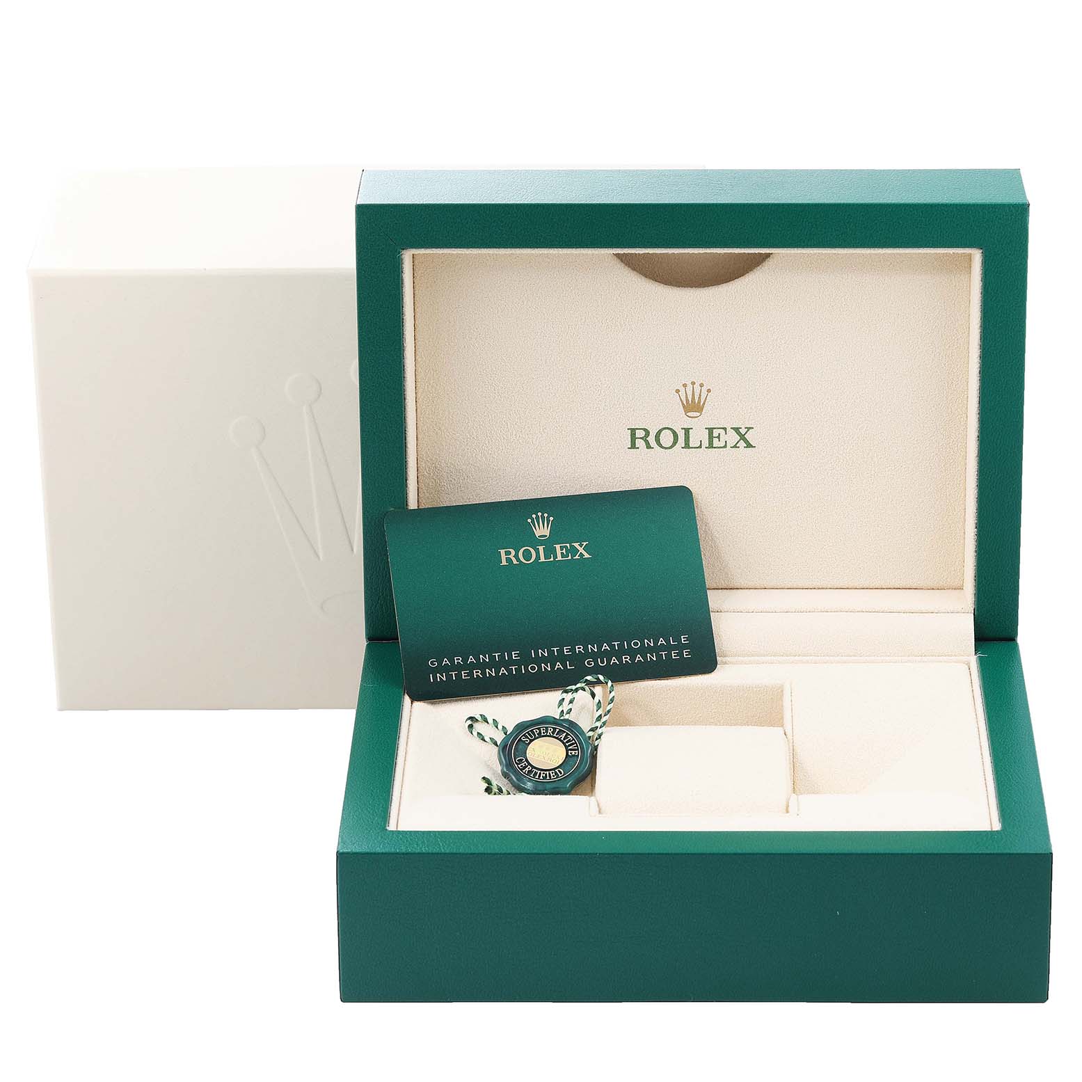 The image shows an open Rolex Yacht-Master 126622 Men's Stainless Steel Grey Dial 126622 Men's Stainless Steel Grey Dial watch box containing a warranty card and a seal, viewed from the front.
