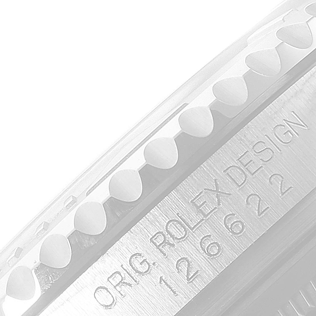 The image shows a close-up of the side of a Rolex Yacht-Master 126622 Men's Stainless Steel Grey Dial 126622 Men's Stainless Steel Grey Dial, highlighting the bezel and engraved model information.