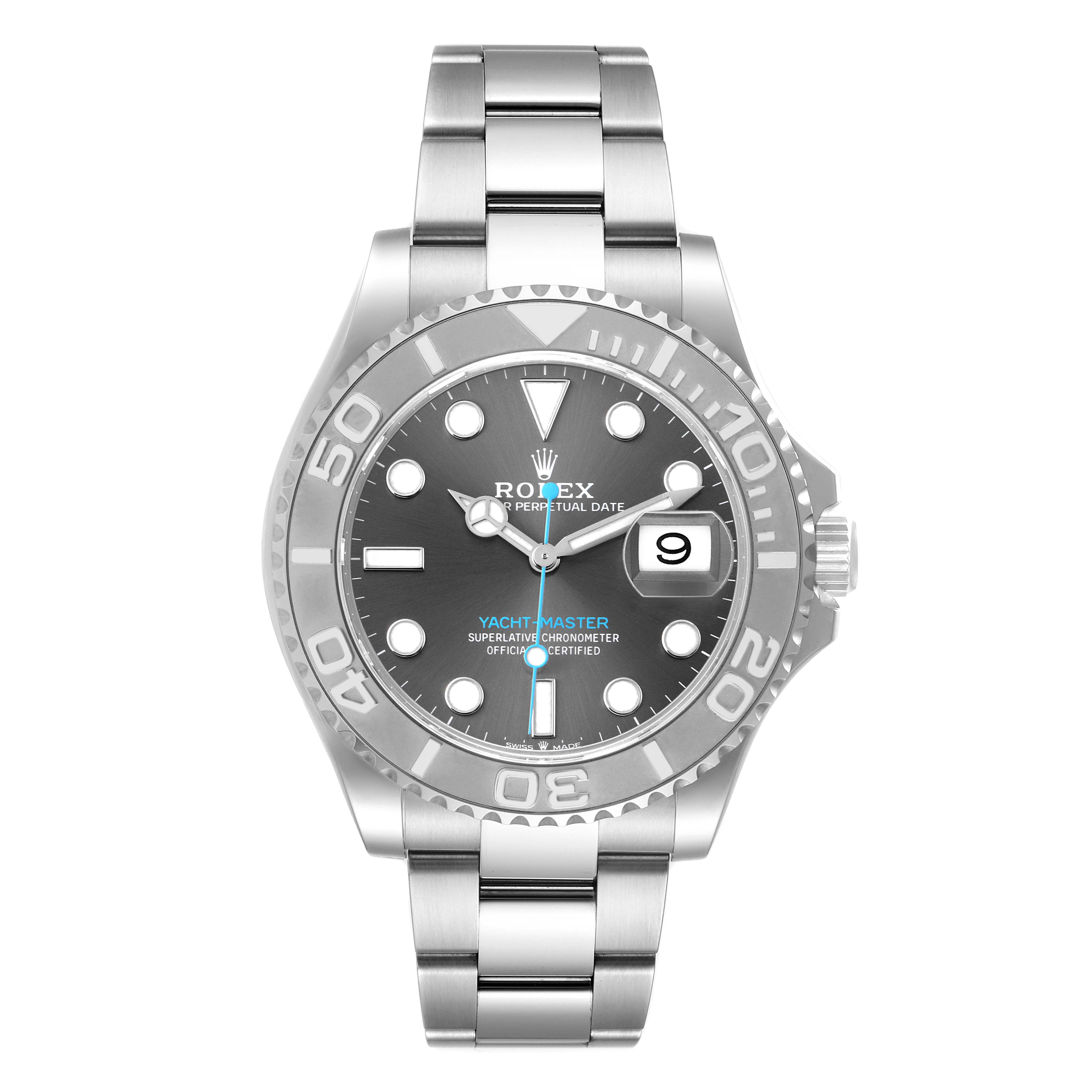 This image shows a front view of a Rolex Yacht-Master 126622 Men's Stainless Steel Grey Dial 126622 Men's Stainless Steel Grey Dial watch, displaying the face, bezel, and bracelet.