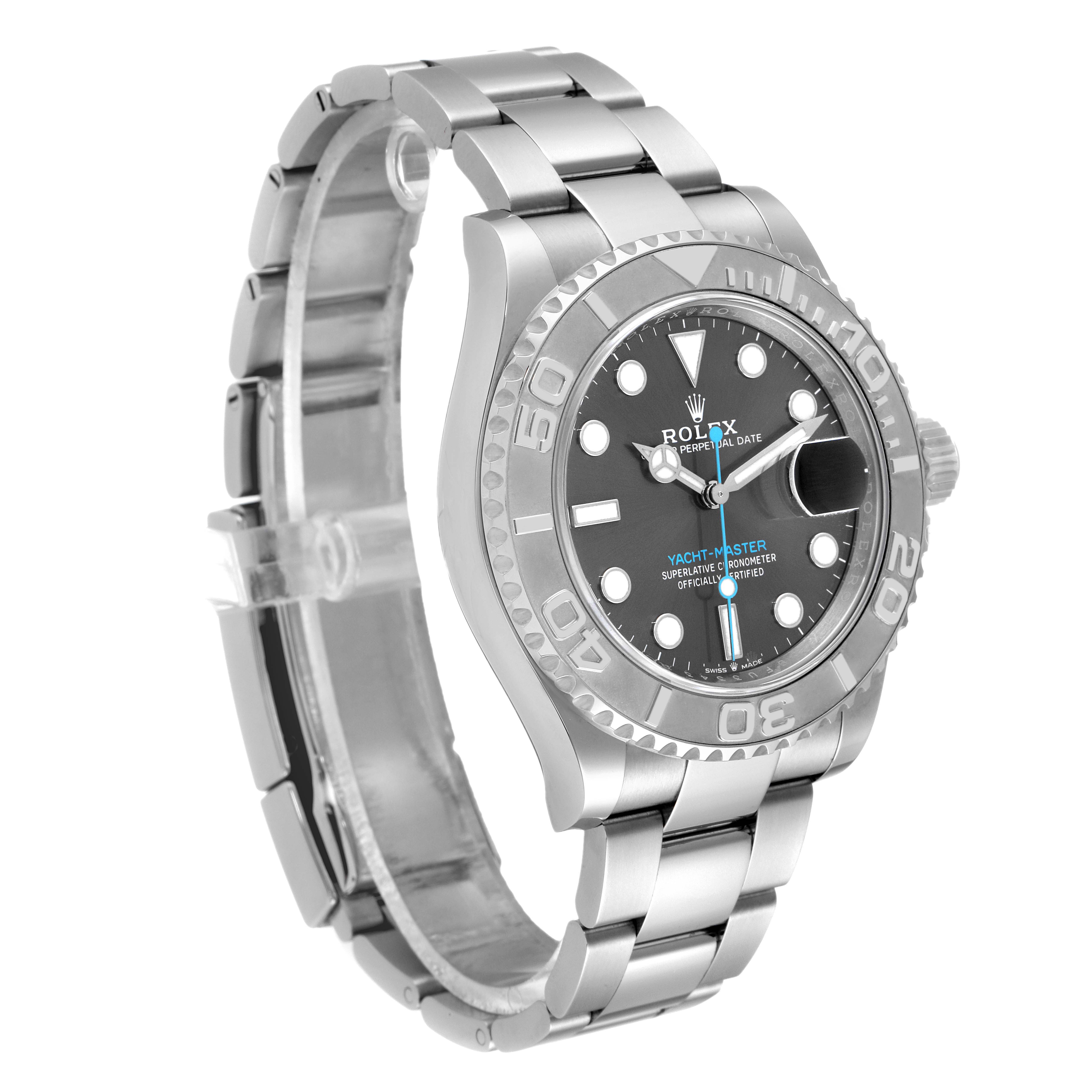 The Rolex Yacht-Master 126622 Men's Stainless Steel Grey Dial 126622 Men's Stainless Steel Grey Dial watch is shown from a front-left angle, displaying the face, bezel, crown, and bracelet links.