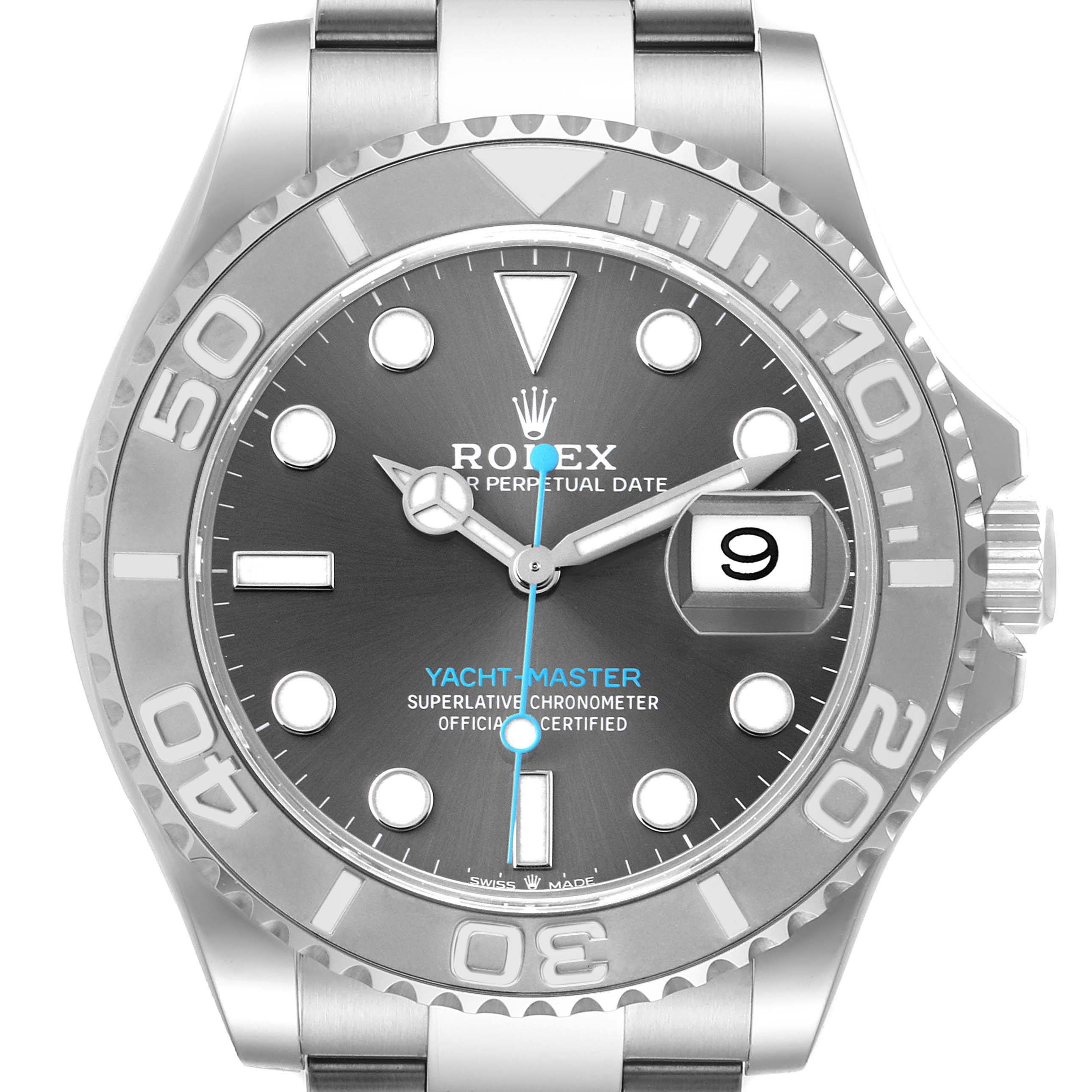 This image shows the face and bezel of a Rolex Yacht-Master 126622 Men's Stainless Steel Grey Dial 126622 Men's Stainless Steel Grey Dial watch, featuring its dial, hands, date display, and part of the bracelet.