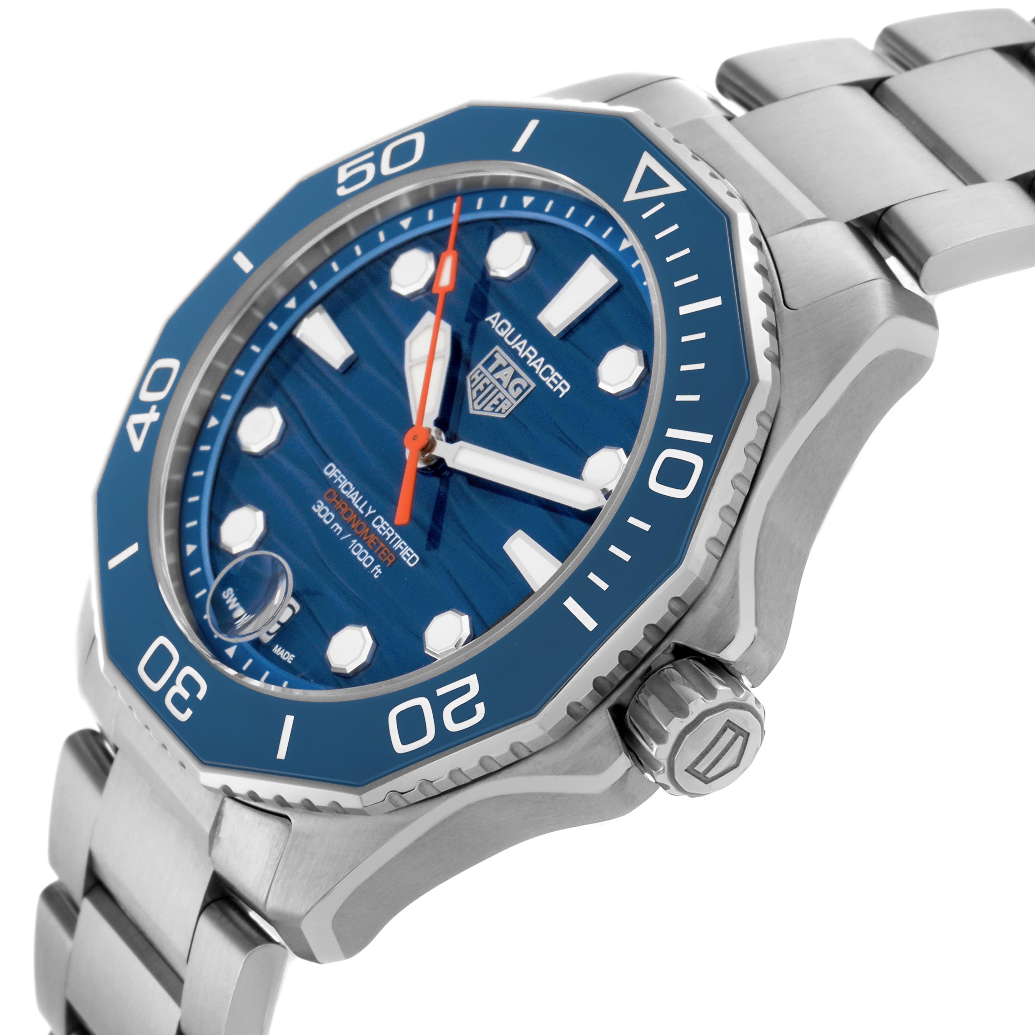The Tag Heuer Aquaracer WBP5111.BA0013 Men's Stainless Steel Blue Dial WBP5111.BA0013 Men's Stainless Steel Blue Dial watch is shown from a side angle, highlighting the dial, bezel, crown, and part of the bracelet.