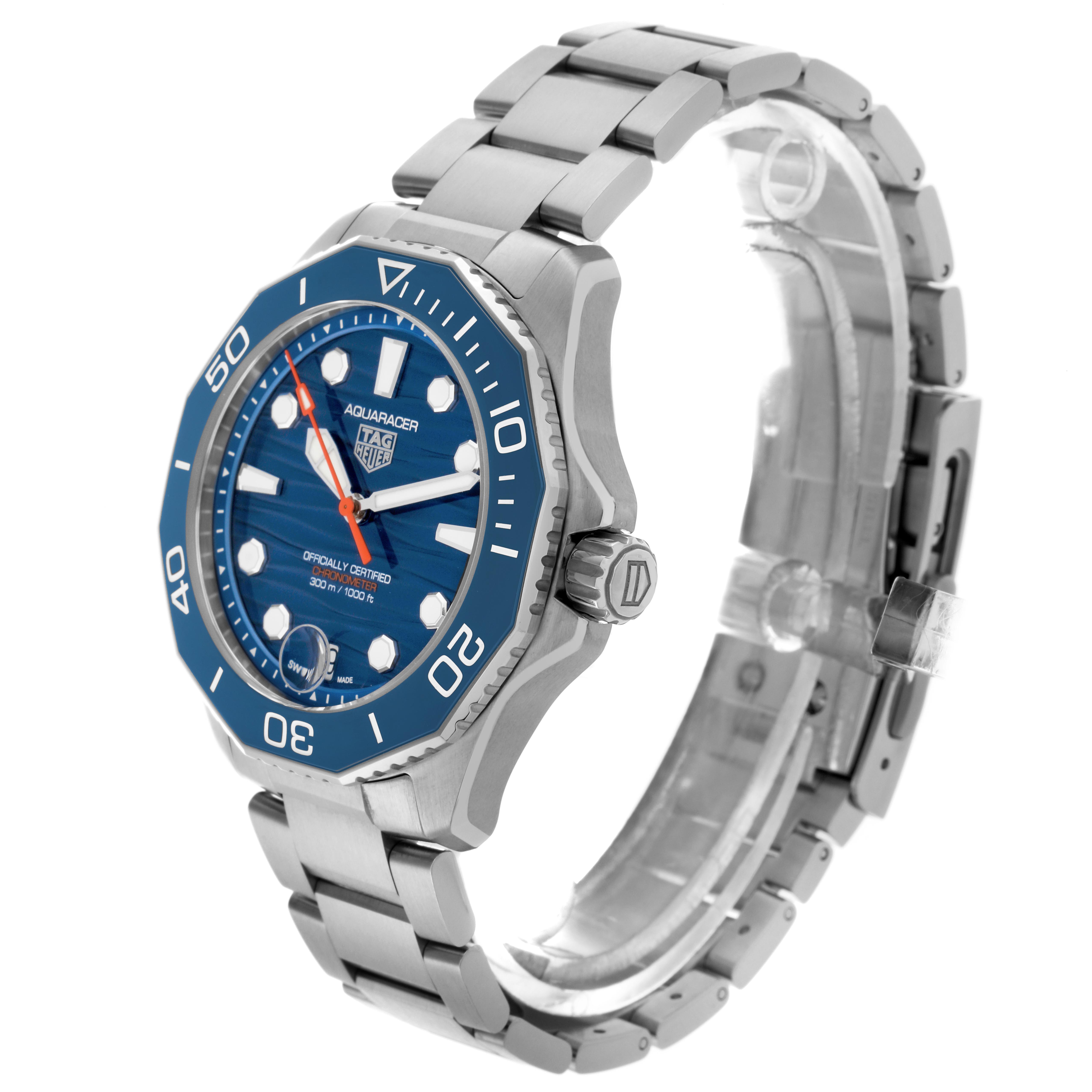 The Tag Heuer Aquaracer WBP5111.BA0013 Men's Stainless Steel Blue Dial WBP5111.BA0013 Men's Stainless Steel Blue Dial watch is shown at a three-quarter angle, highlighting its bezel, dial, crown, and bracelet.
