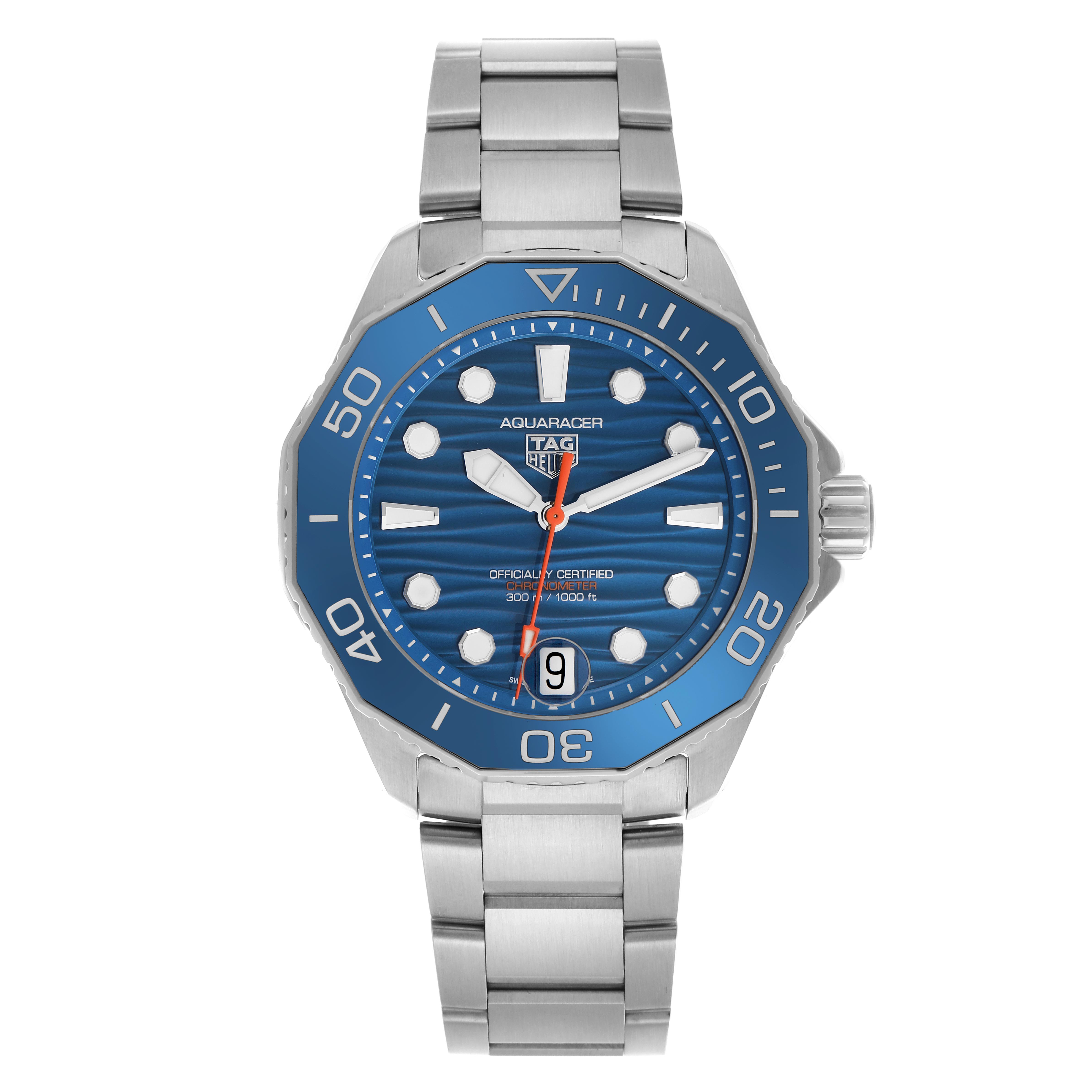 The Tag Heuer Aquaracer WBP5111.BA0013 Men's Stainless Steel Blue Dial WBP5111.BA0013 Men's Stainless Steel Blue Dial watch is shown from the front, displaying its blue dial, bezel, date window, and metal bracelet.